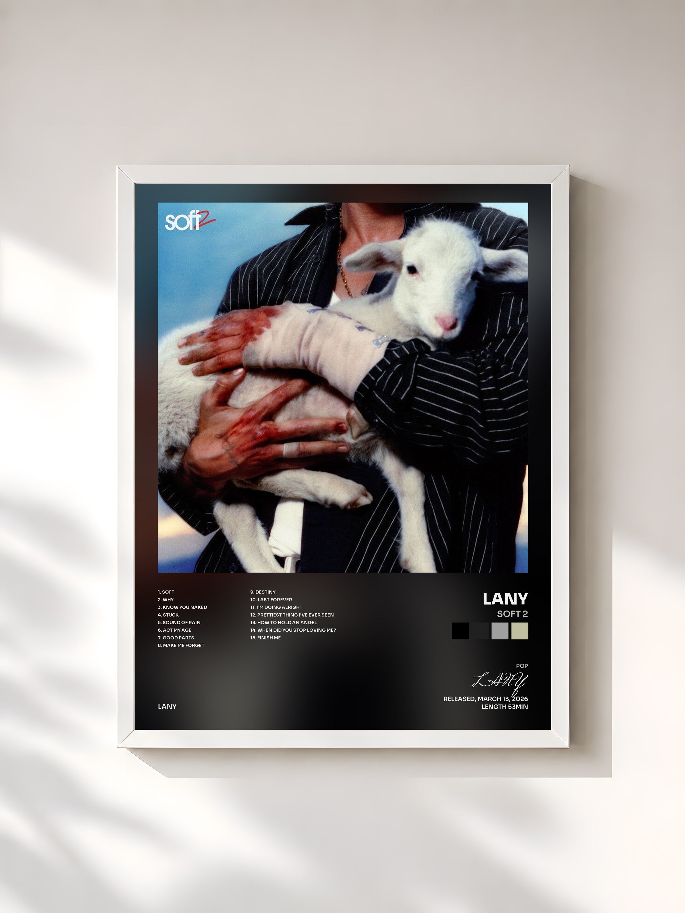 #blanc Tableau de l'album Soft 2 de LANY, cadre blanc, imprimé et encadré en France