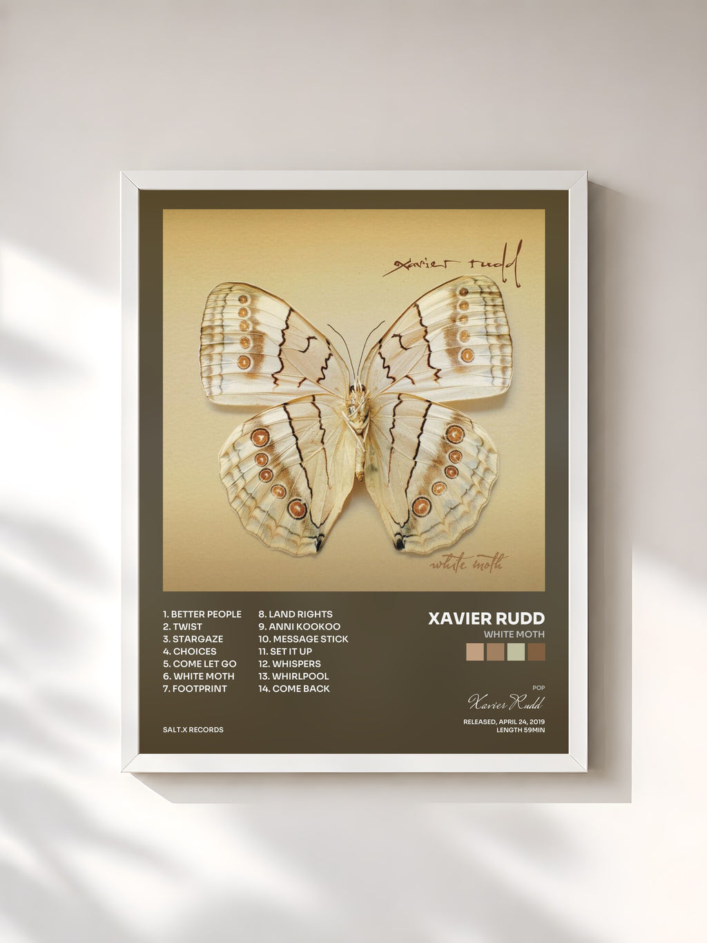 #blanc Tableau de l'album White Moth de Xavier Rudd, cadre blanc, imprimé et encadré en France