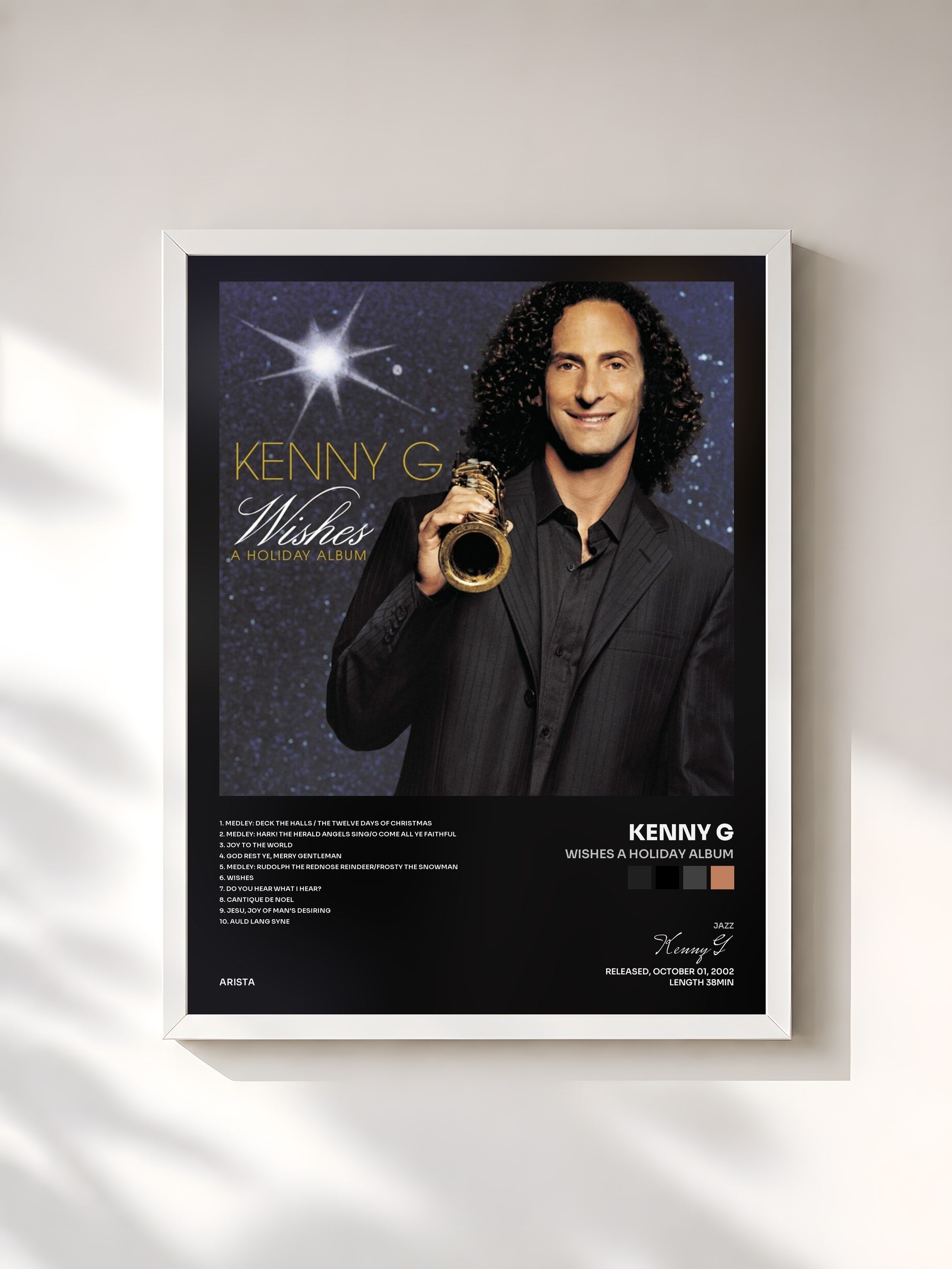 #blanc Tableau de l'album Wishes A Holiday Album de Kenny G, cadre blanc, imprimé et encadré en France