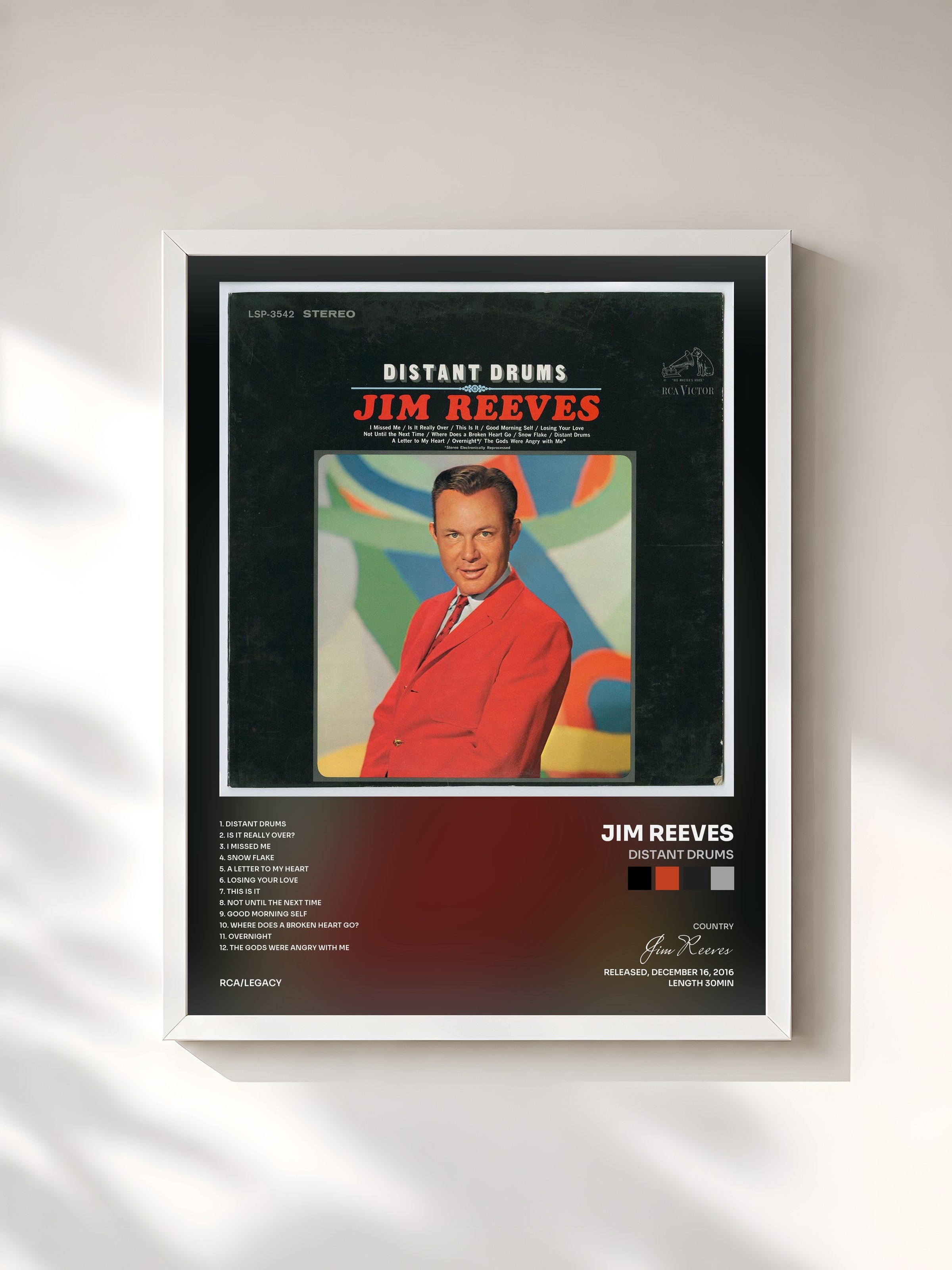 #blanc Tableau de l'album Distant Drums de Jim Reeves, cadre blanc, imprimé et encadré en France