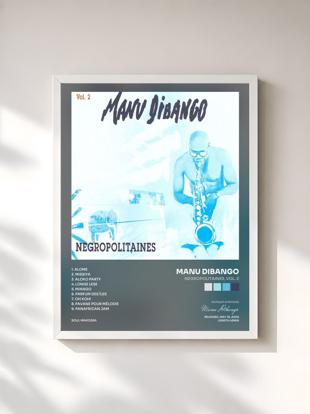 #blanc Tableau de l'album Negropolitaines, Vol. 2 de Manu Dibango, cadre blanc, imprimé et encadré en France
