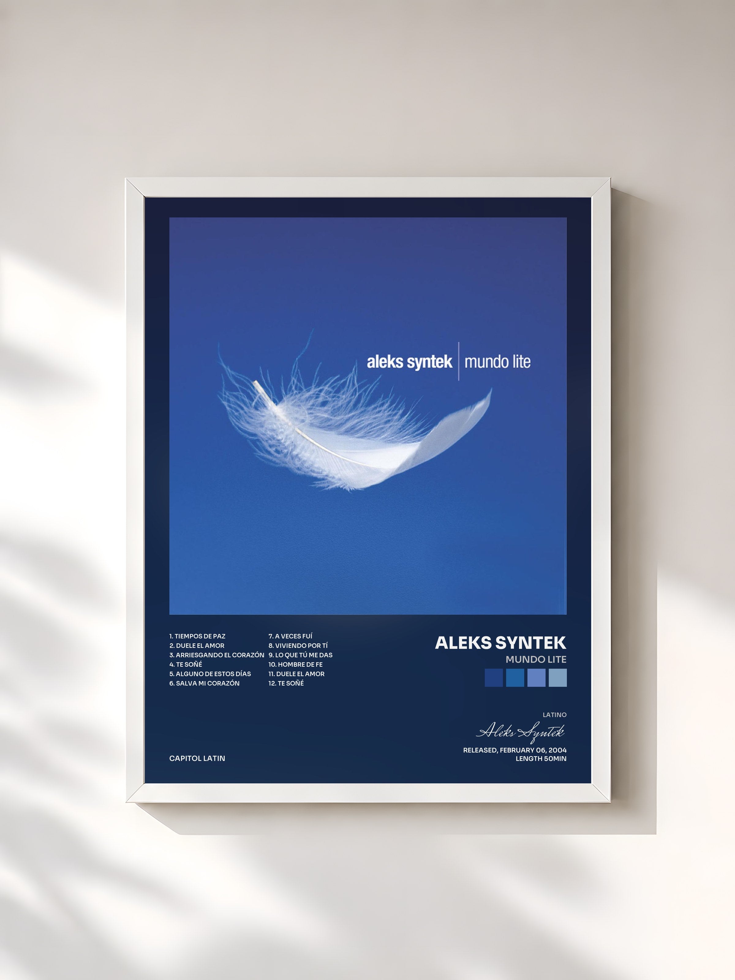 #blanc Tableau de l'album Mundo Lite de Aleks Syntek, cadre blanc, imprimé et encadré en France