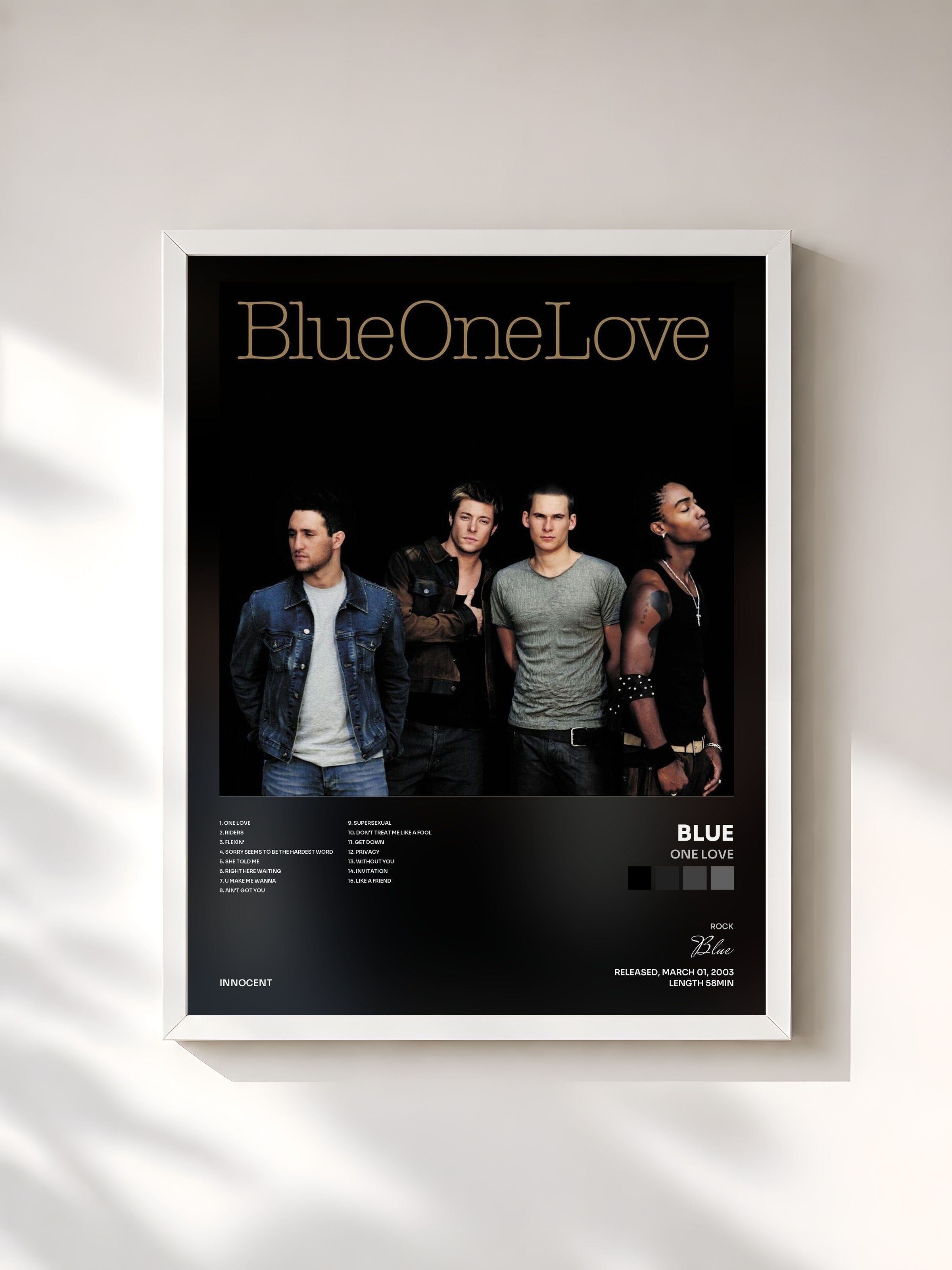 #blanc Tableau de l'album One Love de Blue, cadre blanc, imprimé et encadré en France