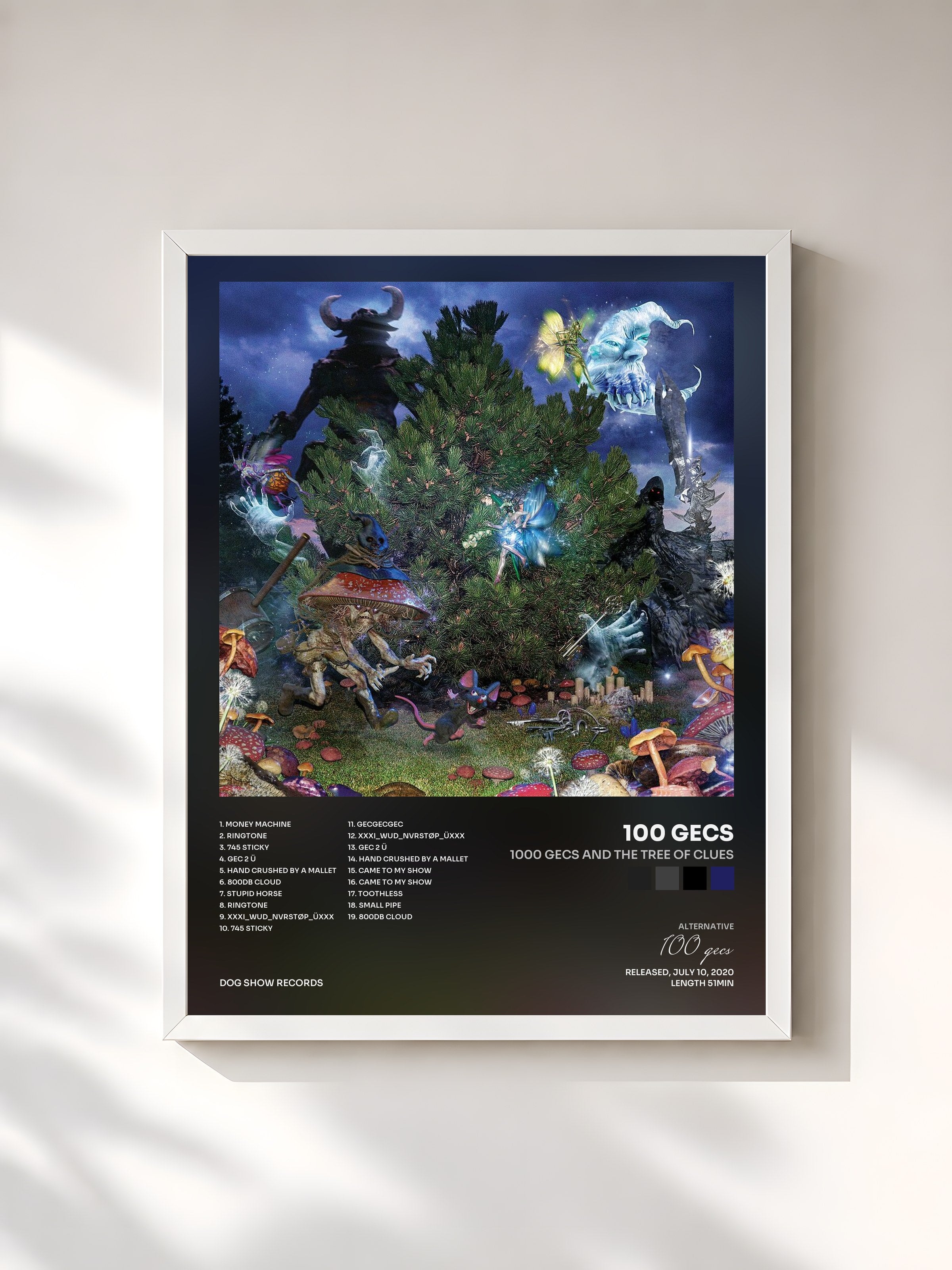 #blanc Tableau de l'album 1000 gecs and The Tree of Clues de 100 gecs, cadre blanc, imprimé et encadré en France