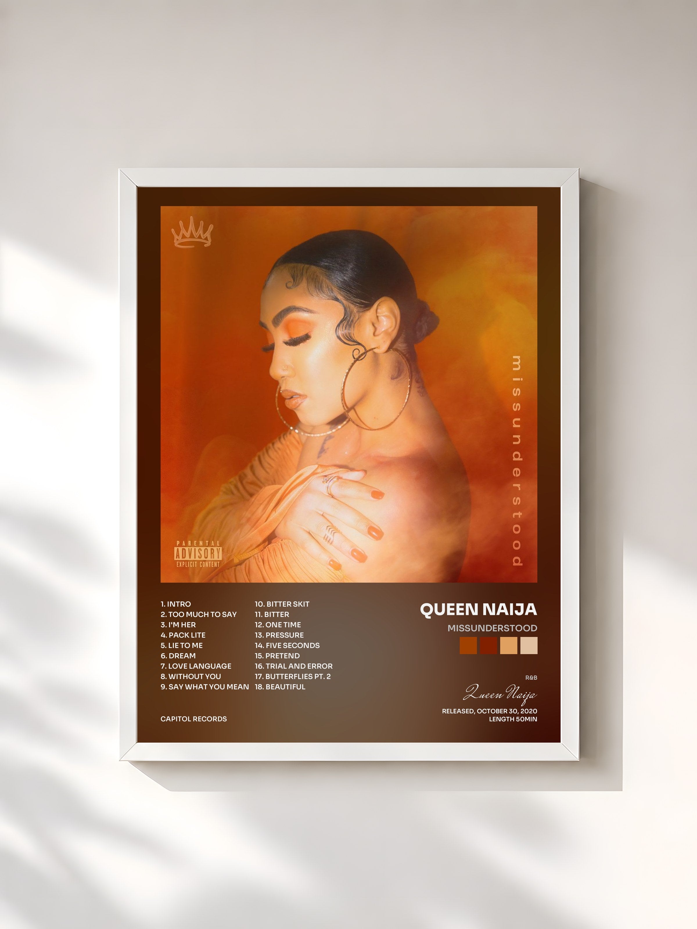 #blanc Tableau de l'album missunderstood de Queen Naija, cadre blanc, imprimé et encadré en France