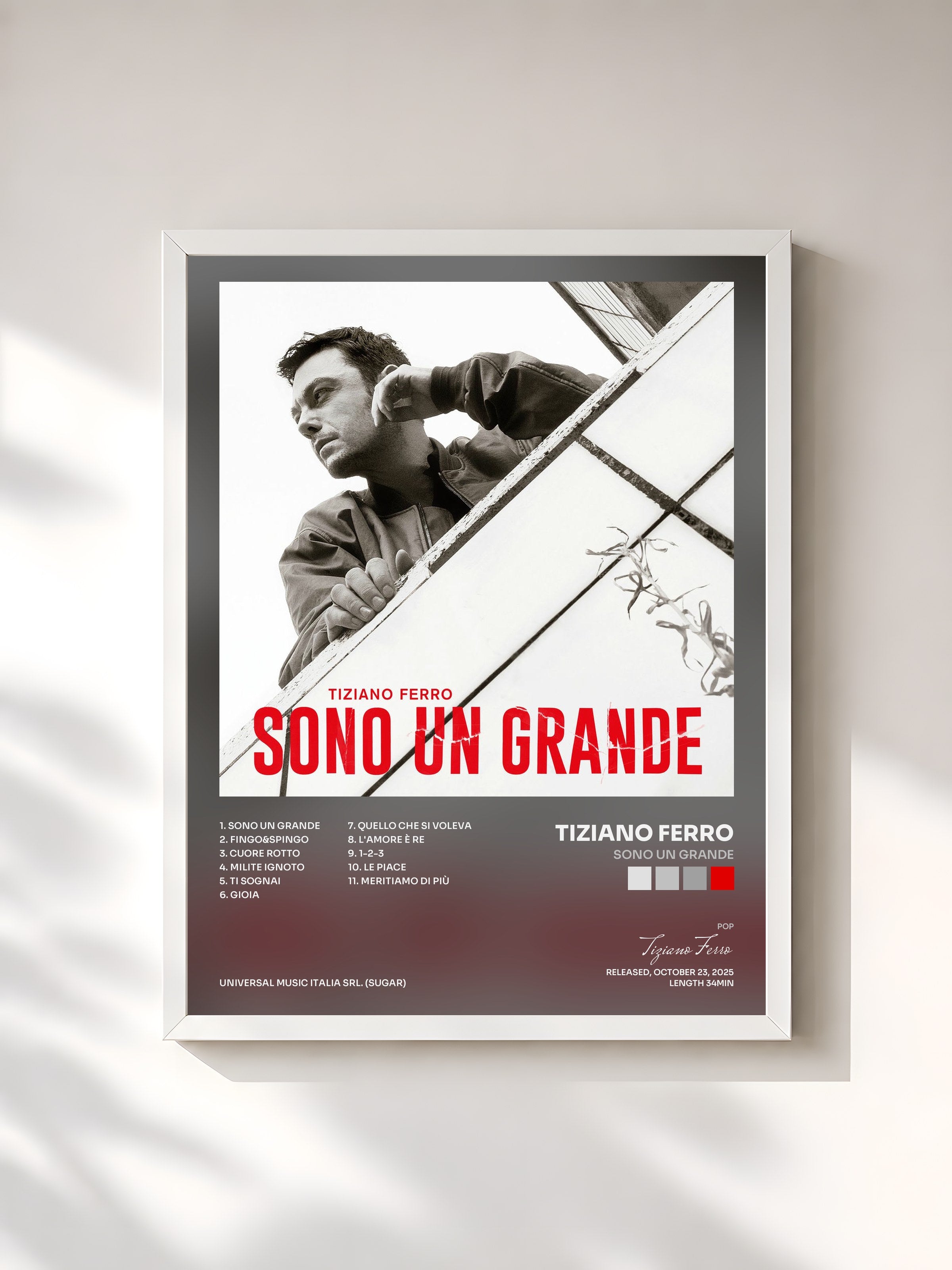 #blanc Tableau de l'album SONO UN GRANDE de Tiziano Ferro, cadre blanc, imprimé et encadré en France