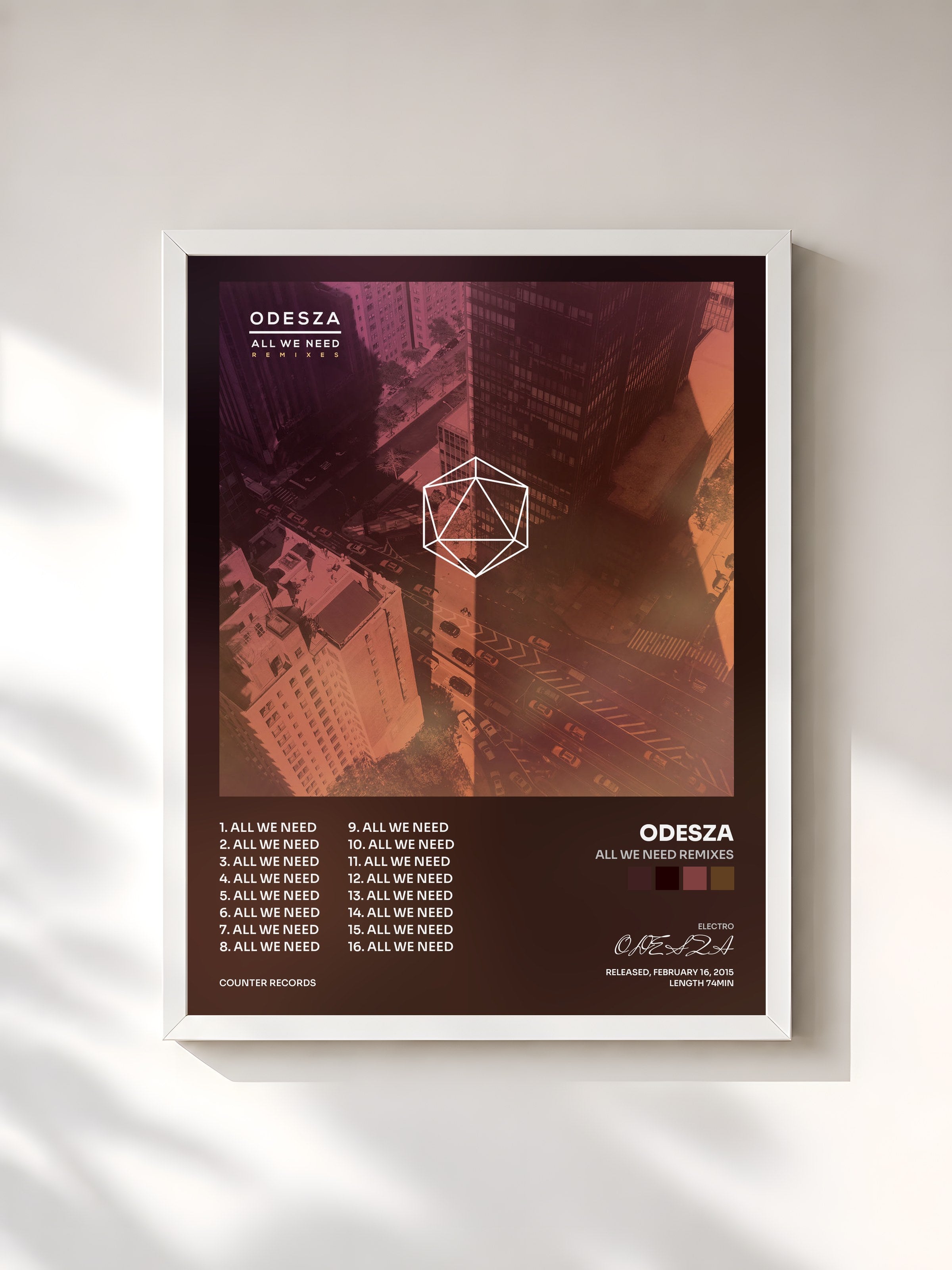 #blanc Tableau de l'album All We Need Remixes de ODESZA, cadre blanc, imprimé et encadré en France
