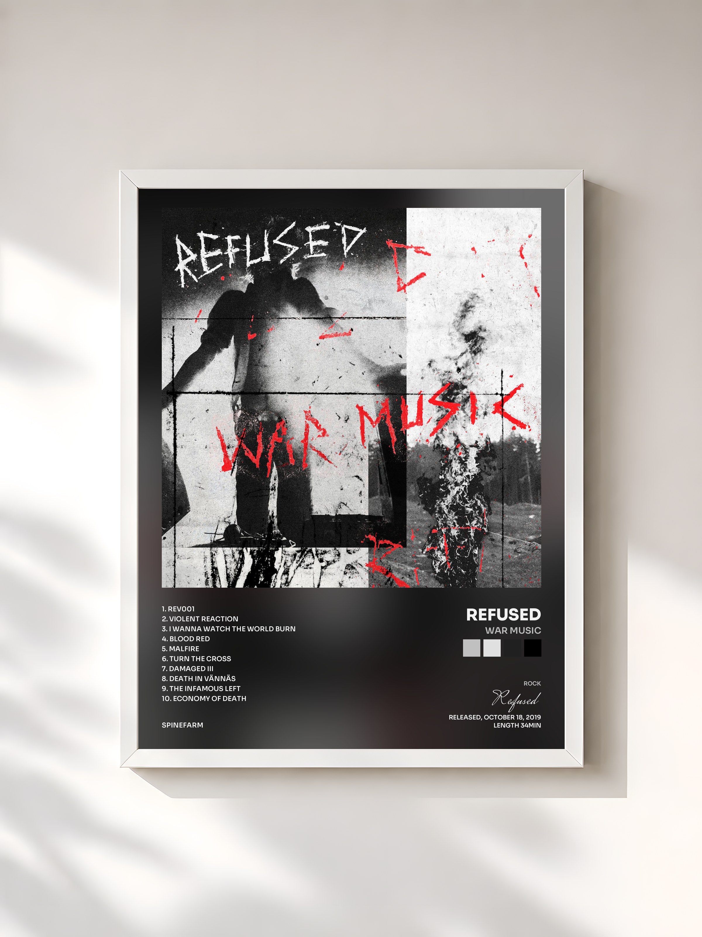 #blanc Tableau de l'album War Music de Refused, cadre blanc, imprimé et encadré en France