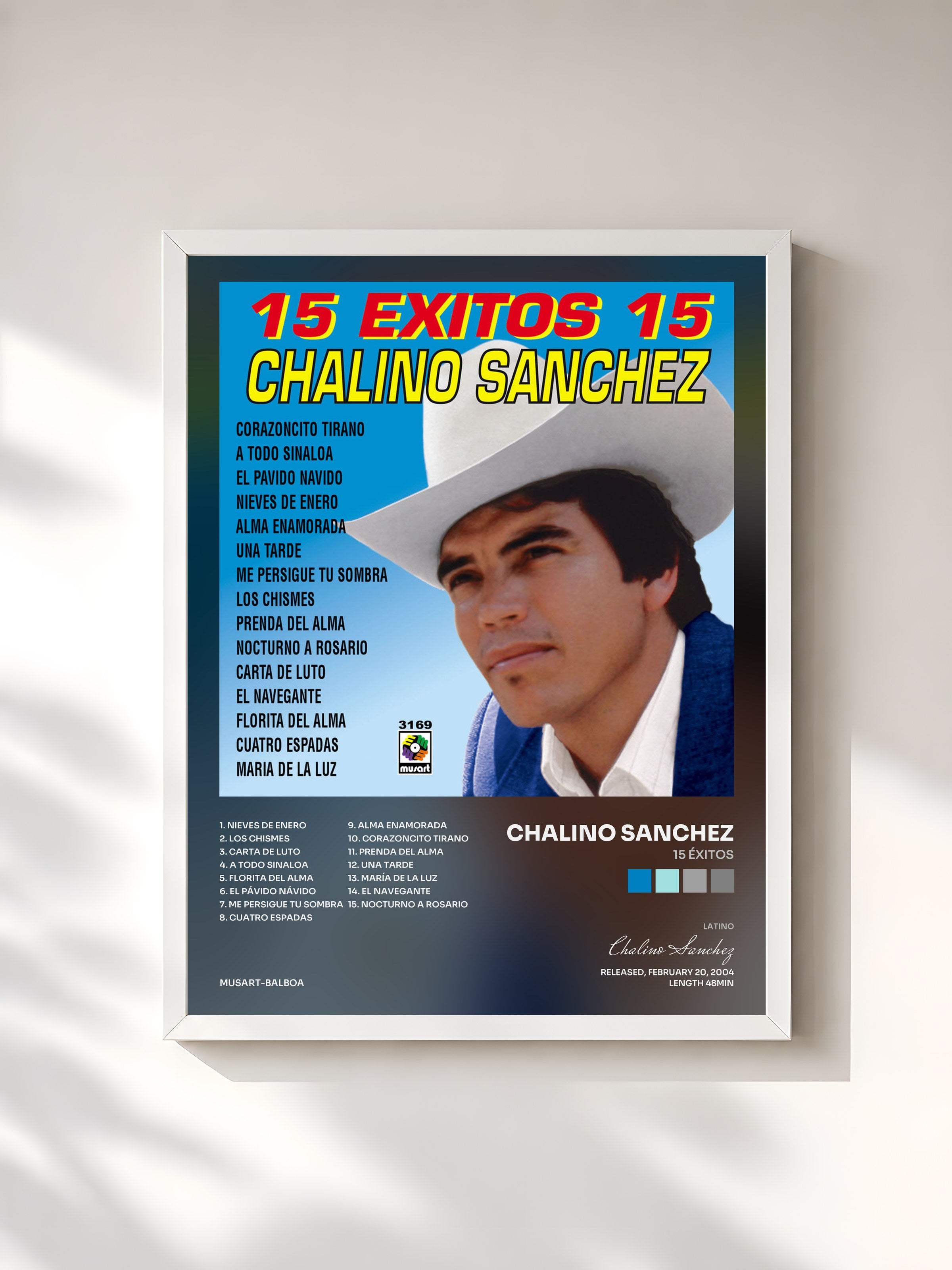 #blanc Tableau de l'album 15 Éxitos de Chalino Sanchez, cadre blanc, imprimé et encadré en France