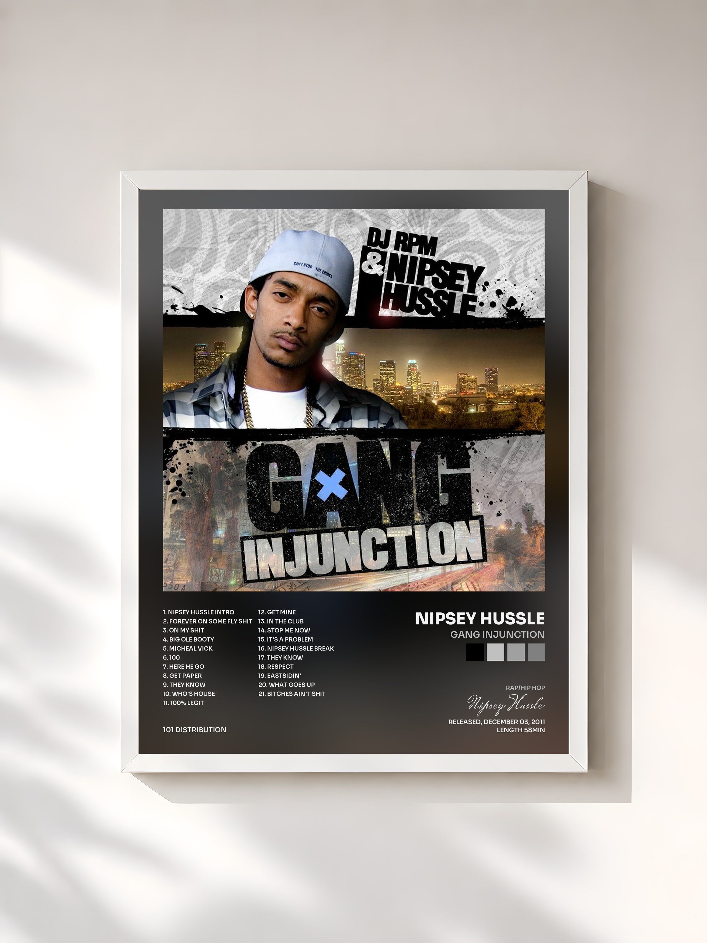 #blanc Tableau de l'album Gang Injunction de Nipsey Hussle, cadre blanc, imprimé et encadré en France