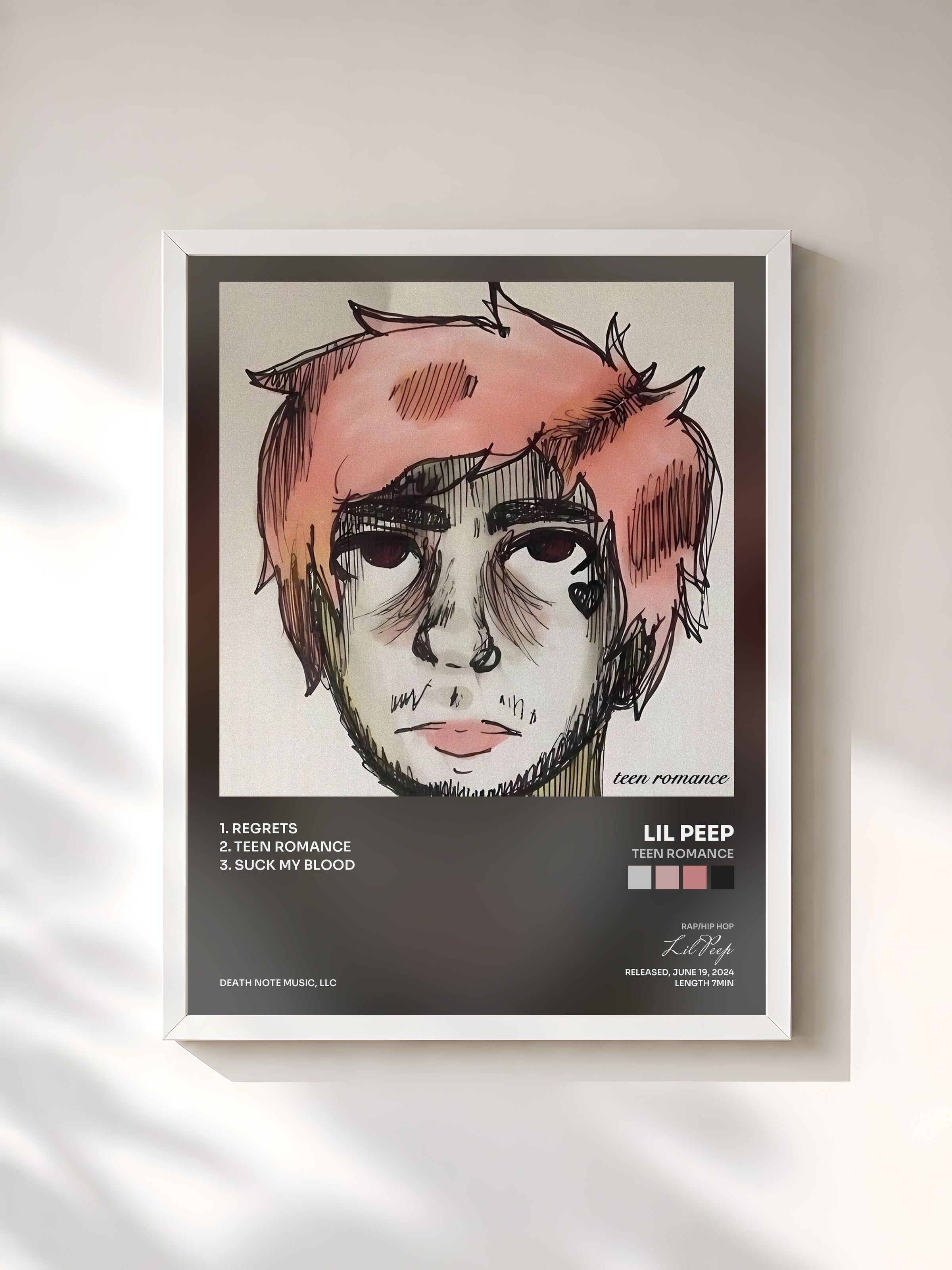 #blanc Tableau de l'album teen romance de Lil Peep, cadre blanc, imprimé et encadré en France
