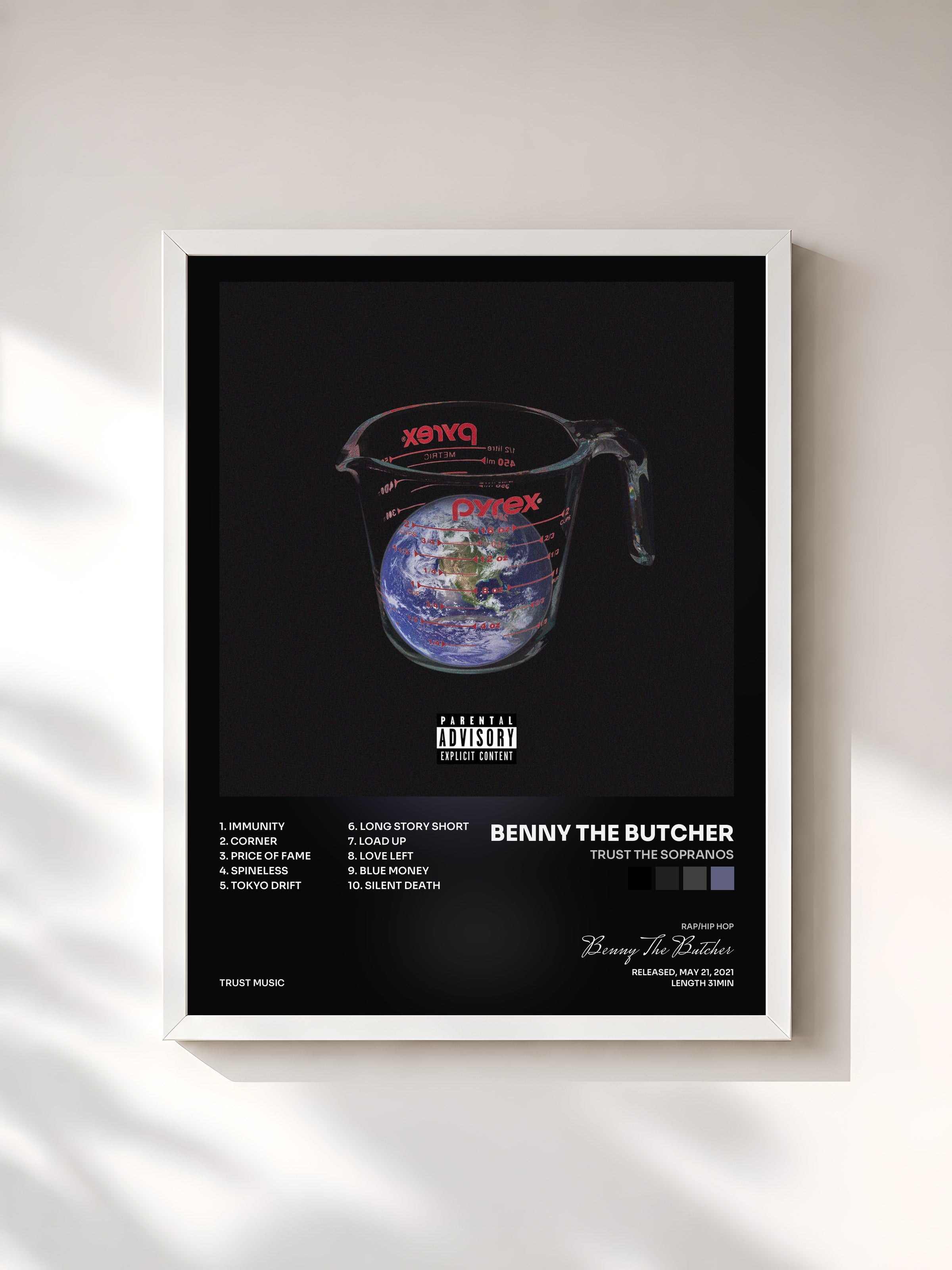 #blanc Tableau de l'album Trust The Sopranos de Benny The Butcher, cadre blanc, imprimé et encadré en France