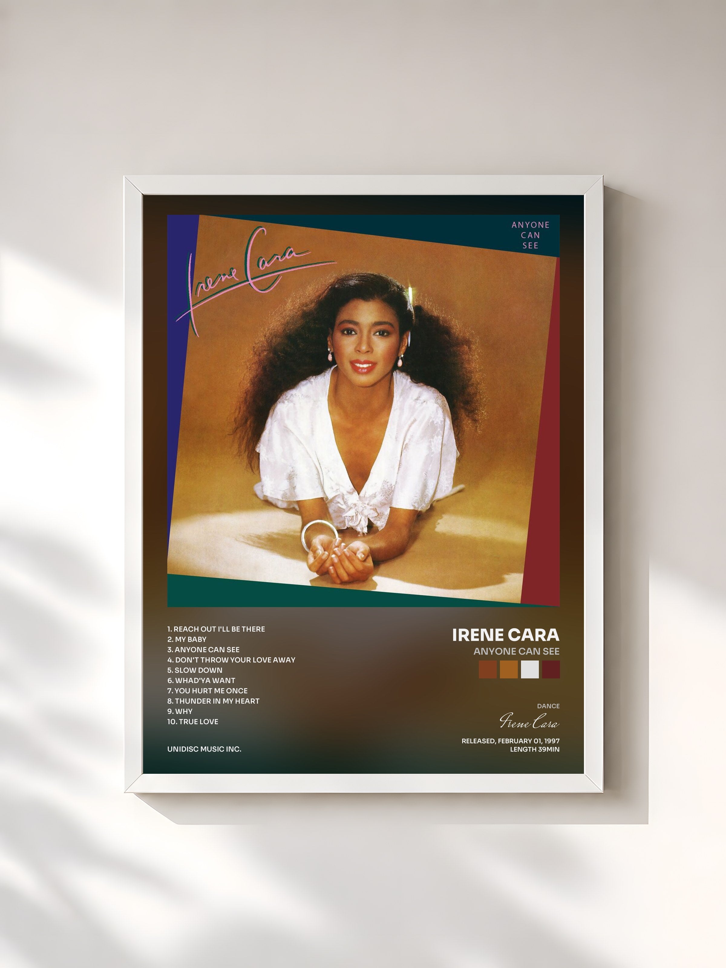 #blanc Tableau de l'album Anyone Can See de Irene Cara, cadre blanc, imprimé et encadré en France
