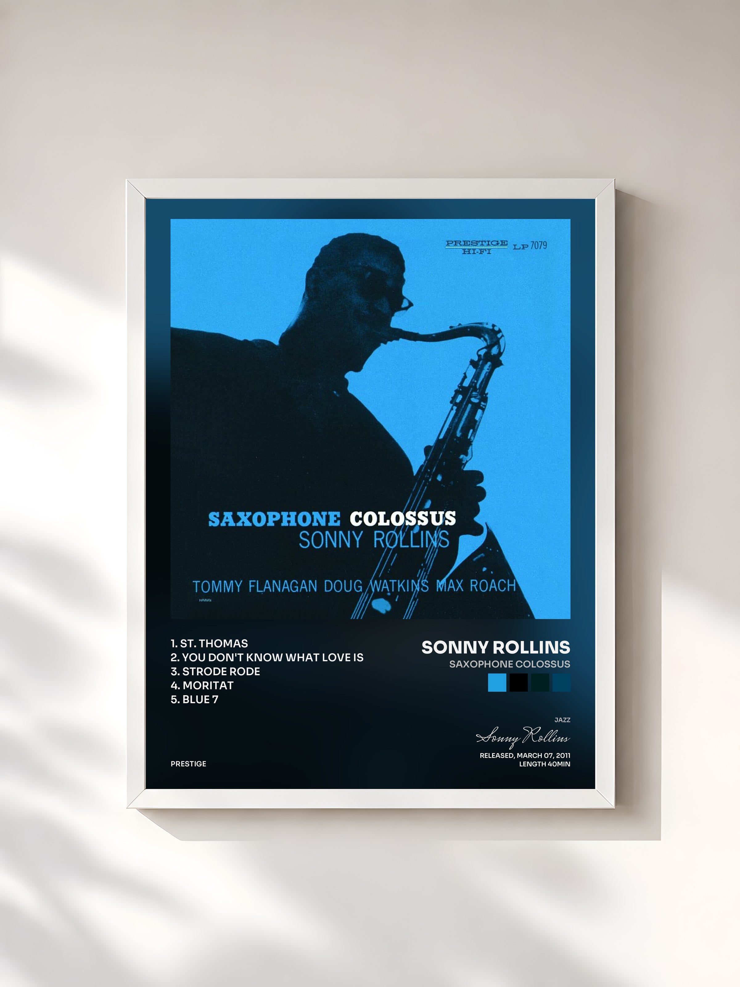 #blanc Tableau de l'album Saxophone Colossus de Sonny Rollins, cadre blanc, imprimé et encadré en France
