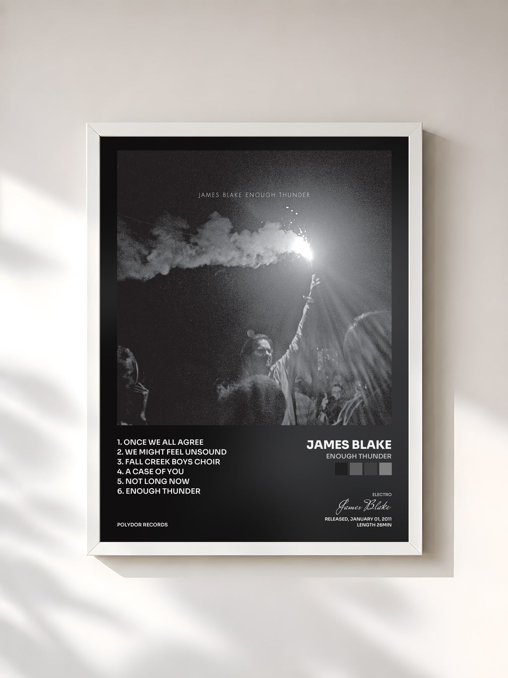 #blanc Tableau de l'album Enough Thunder de James Blake, cadre blanc, imprimé et encadré en France