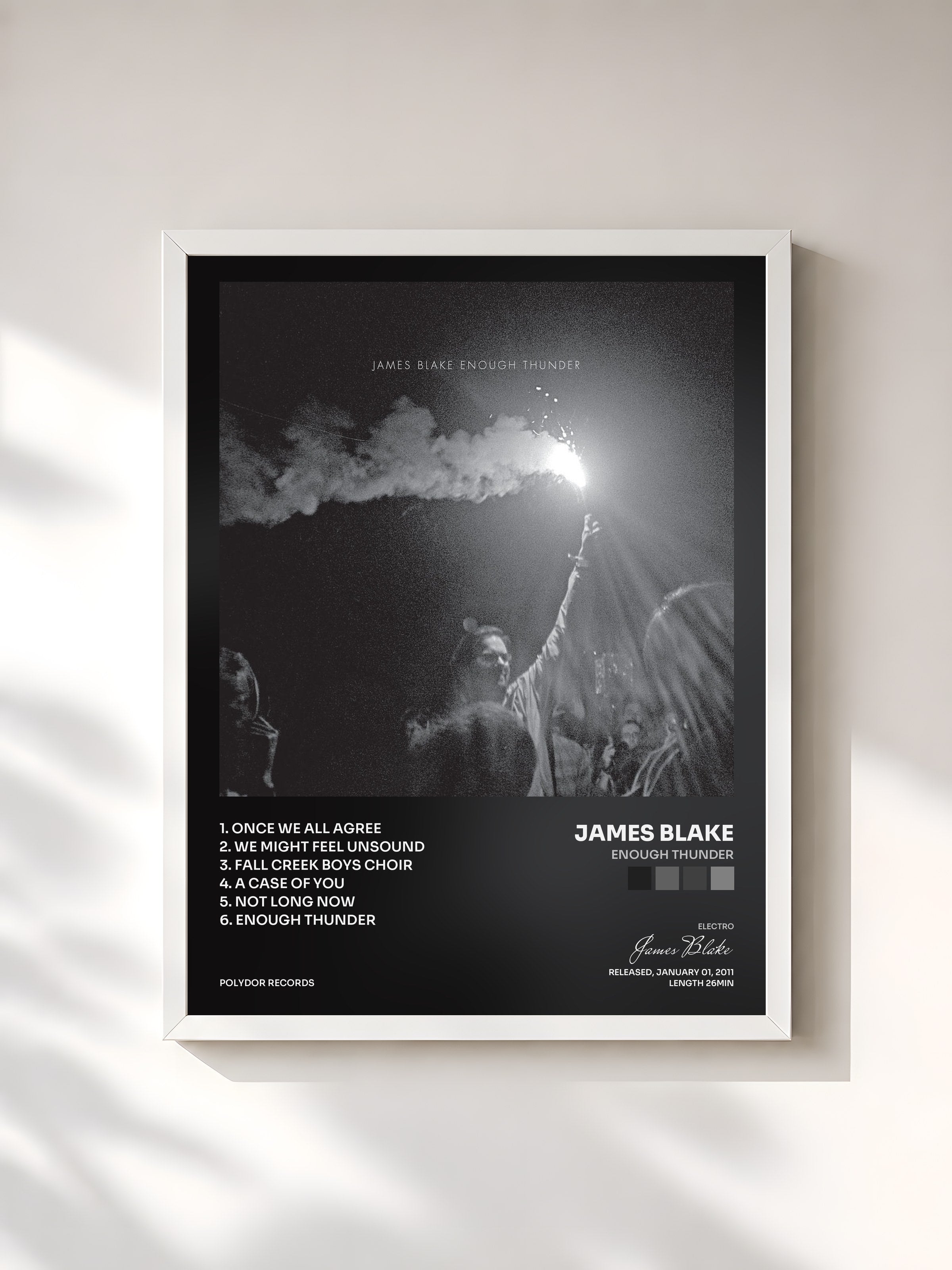 #blanc Tableau de l'album Enough Thunder de James Blake, cadre blanc, imprimé et encadré en France