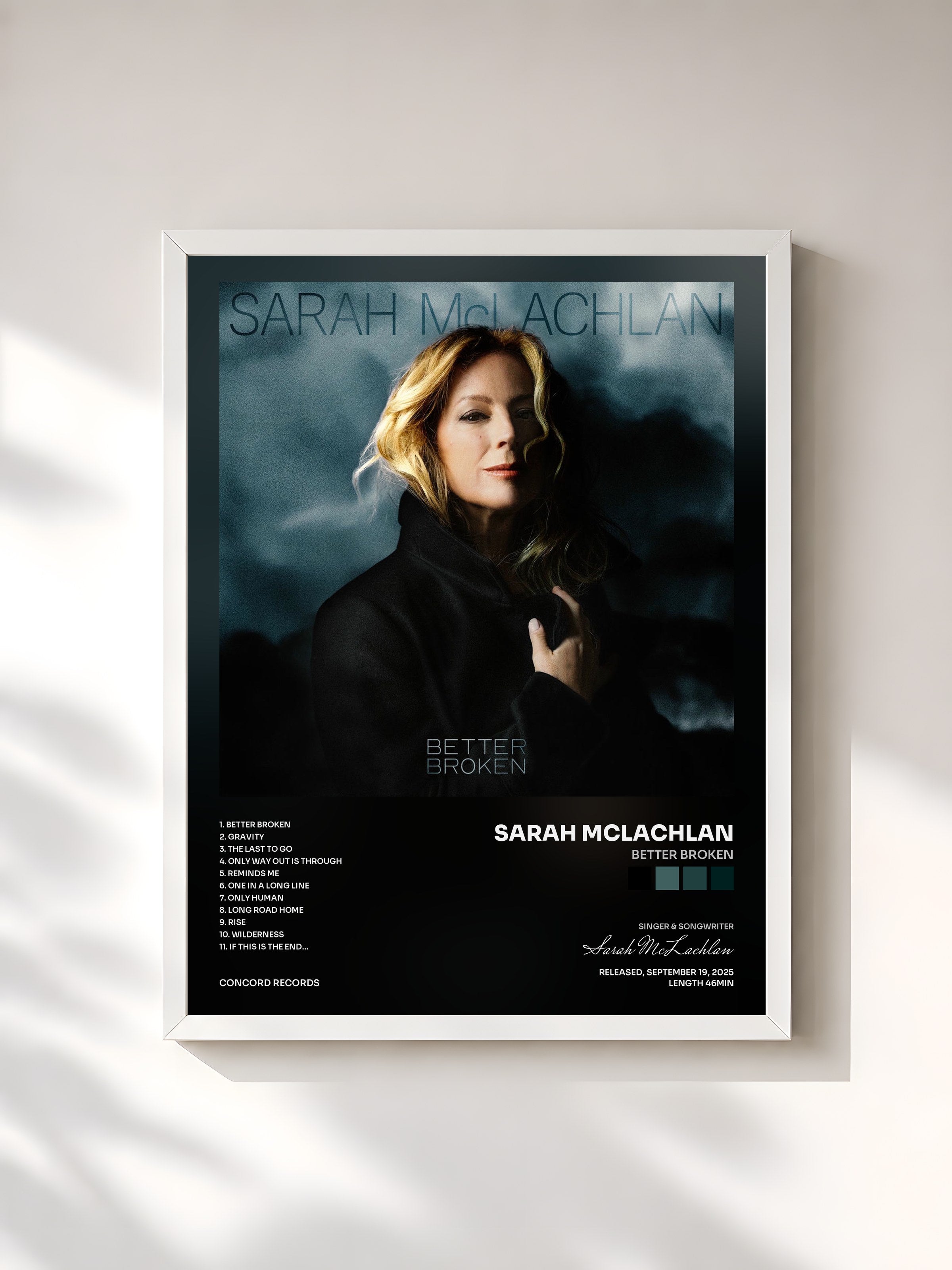 #blanc Tableau de l'album Better Broken de Sarah McLachlan, cadre blanc, imprimé et encadré en France