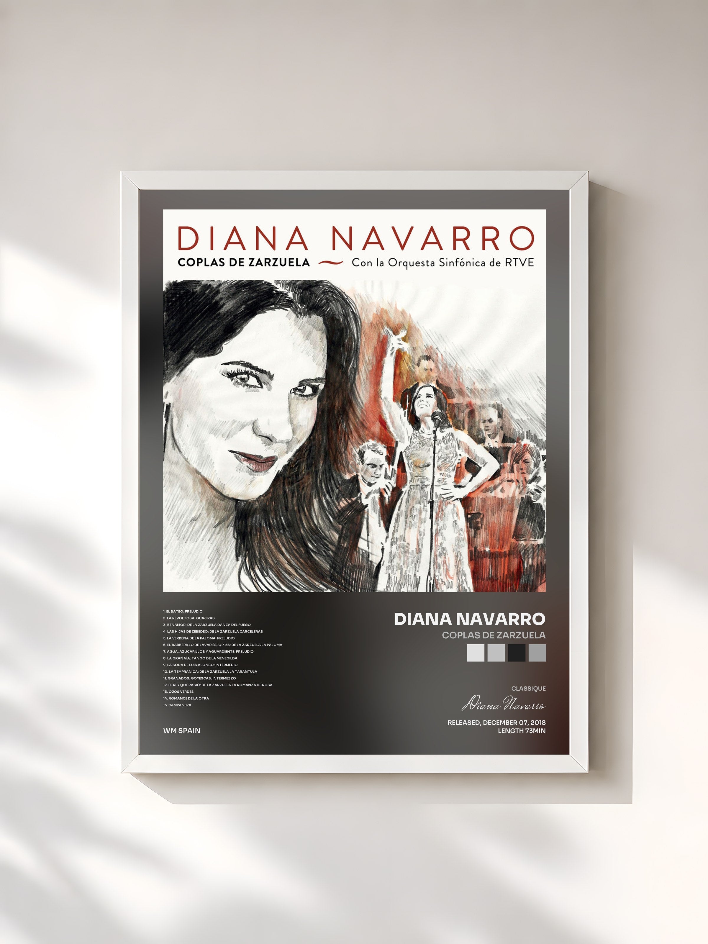 #blanc Tableau de l'album Coplas de Zarzuela de Diana Navarro, cadre blanc, imprimé et encadré en France