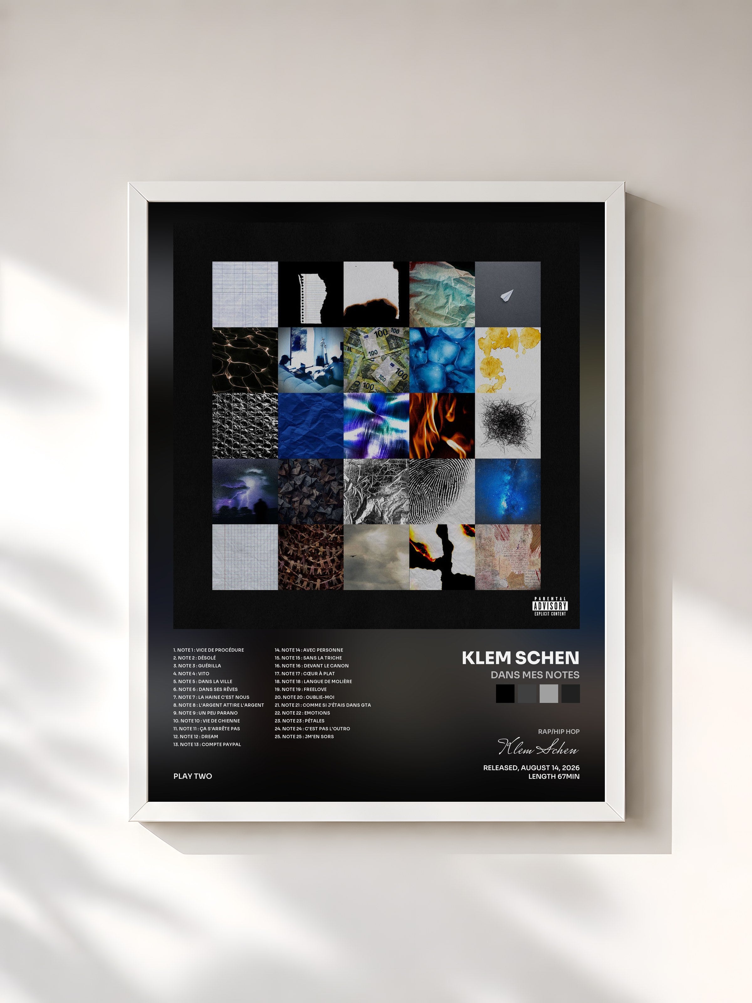 #blanc Tableau de l'album DANS MES NOTES de Klem Schen, cadre blanc, imprimé et encadré en France