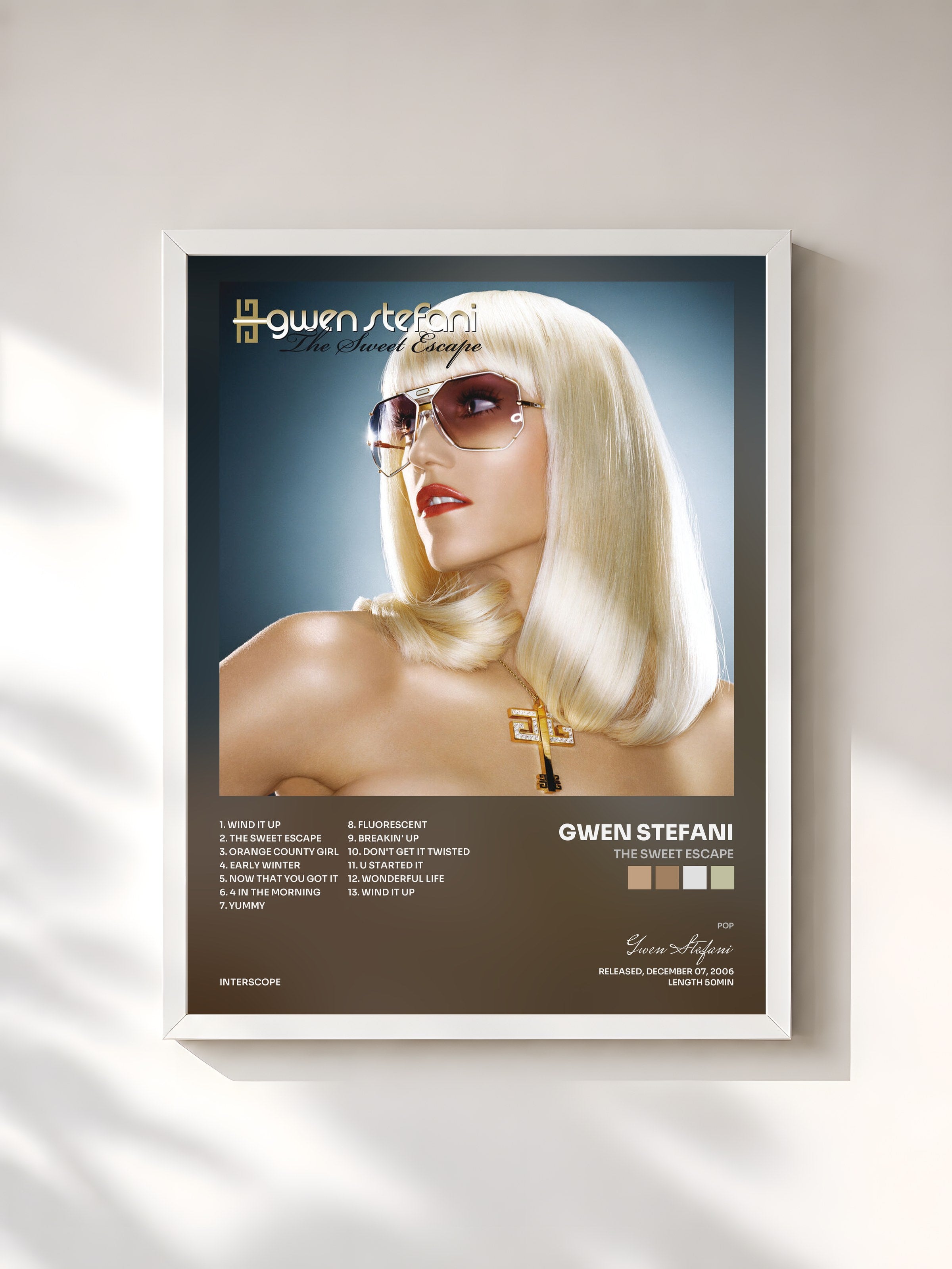#blanc Tableau de l'album The Sweet Escape de Gwen Stefani, cadre blanc, imprimé et encadré en France