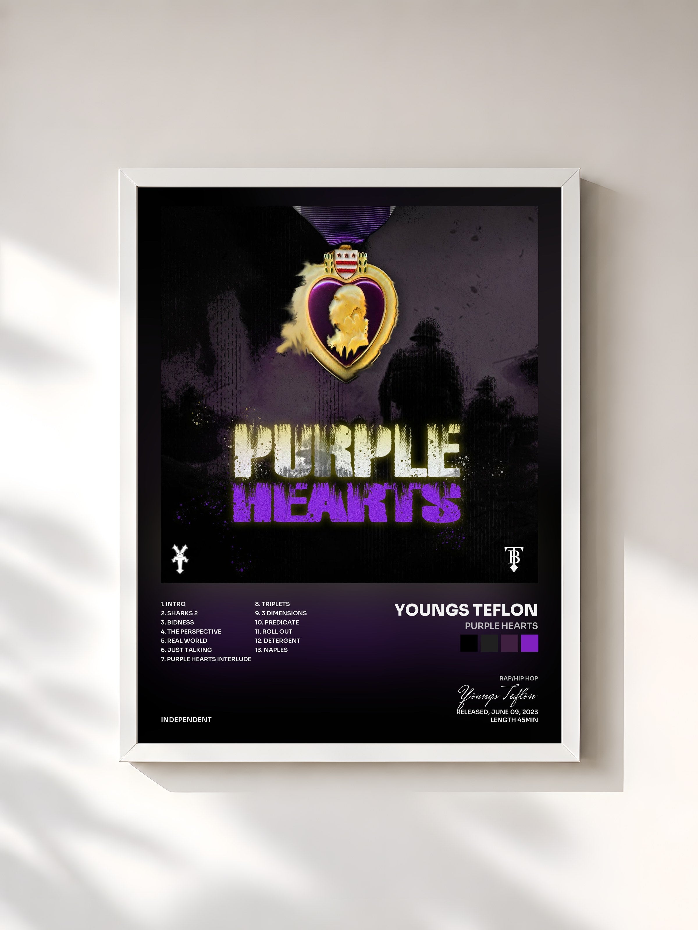 #blanc Tableau de l'album Purple Hearts de Youngs Teflon, cadre blanc, imprimé et encadré en France