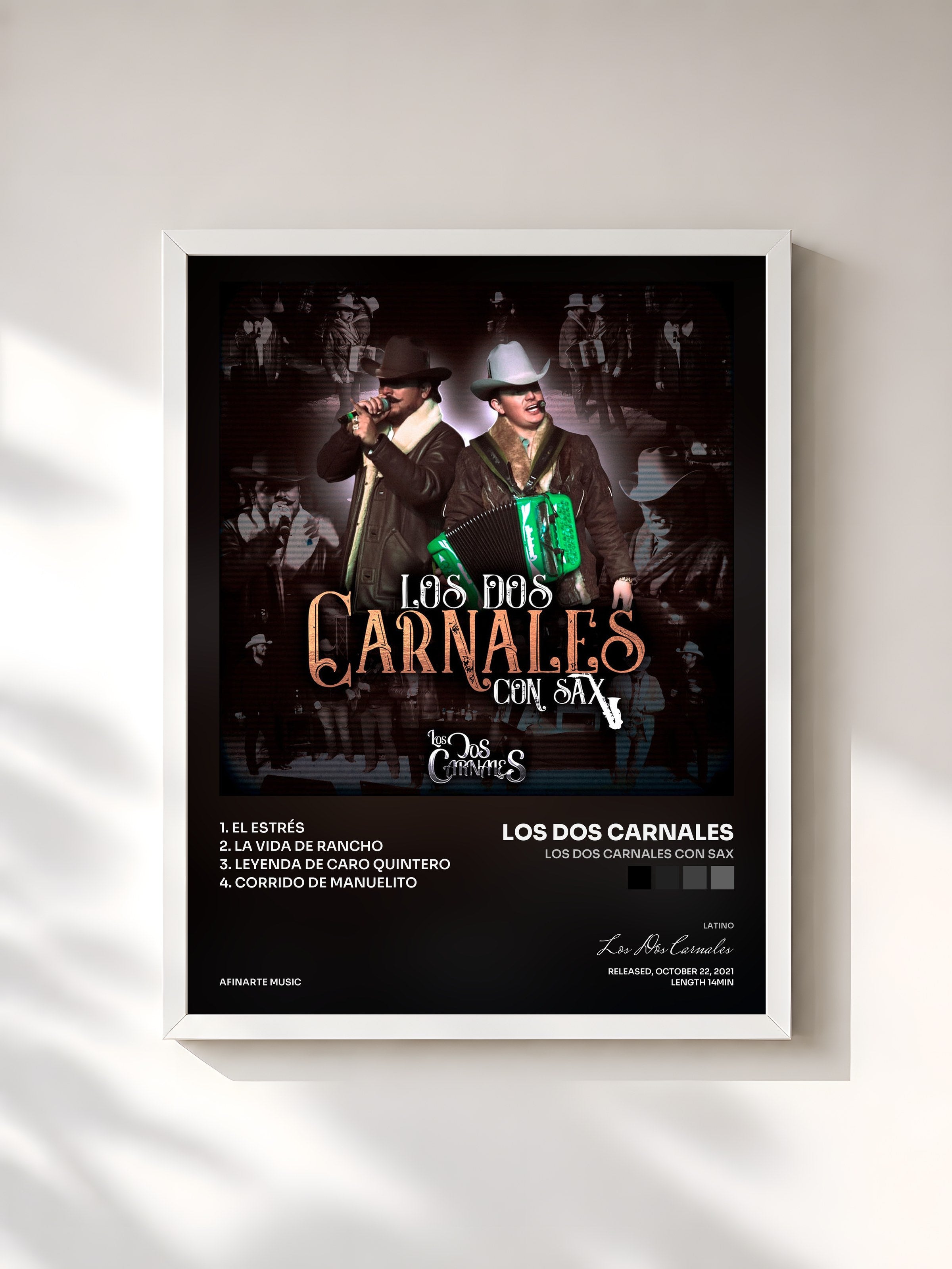 #blanc Tableau de l'album Los Dos Carnales Con Sax de Los Dos Carnales, cadre blanc, imprimé et encadré en France