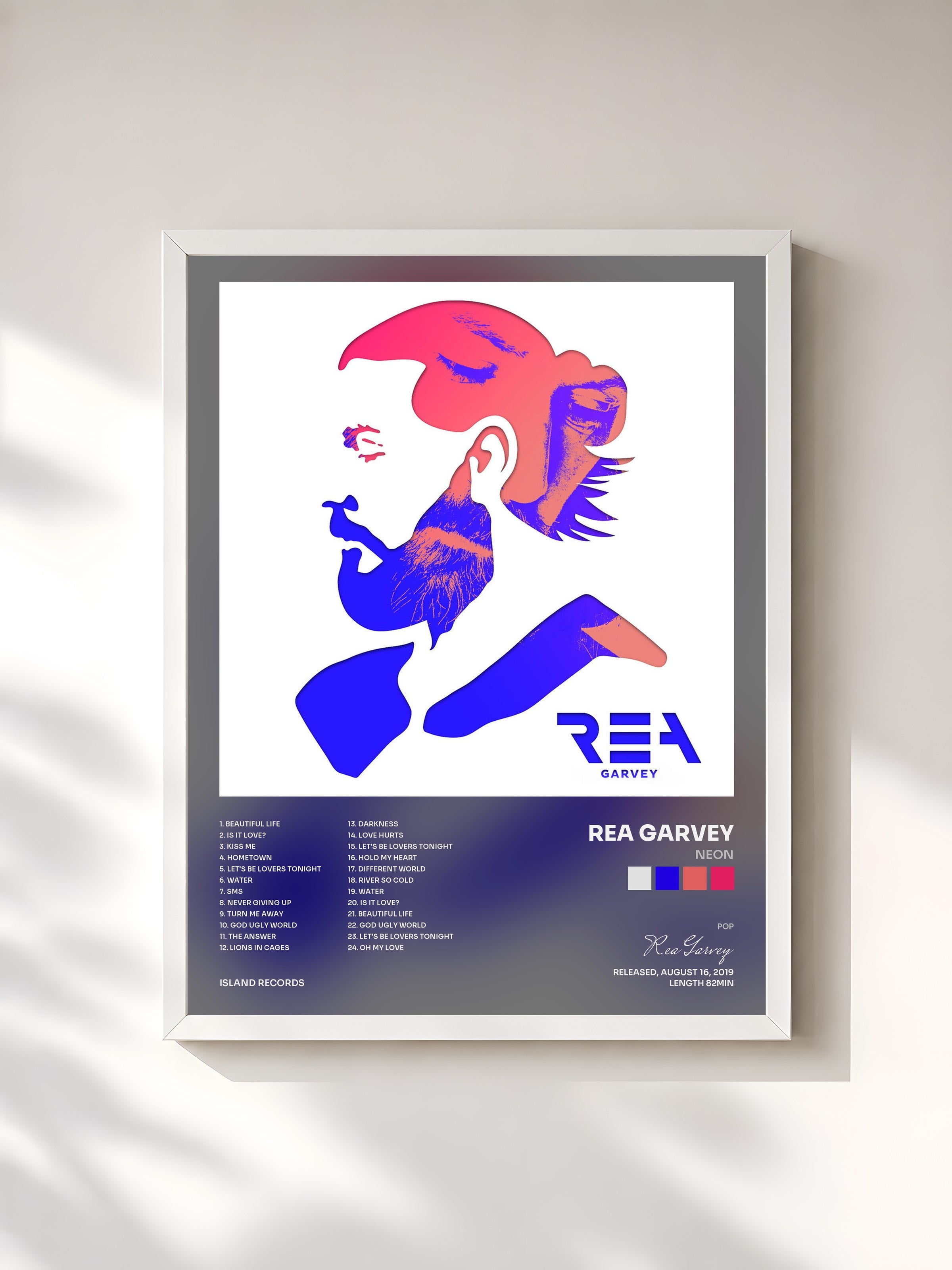 #blanc Tableau de l'album Neon de Rea Garvey, cadre blanc, imprimé et encadré en France