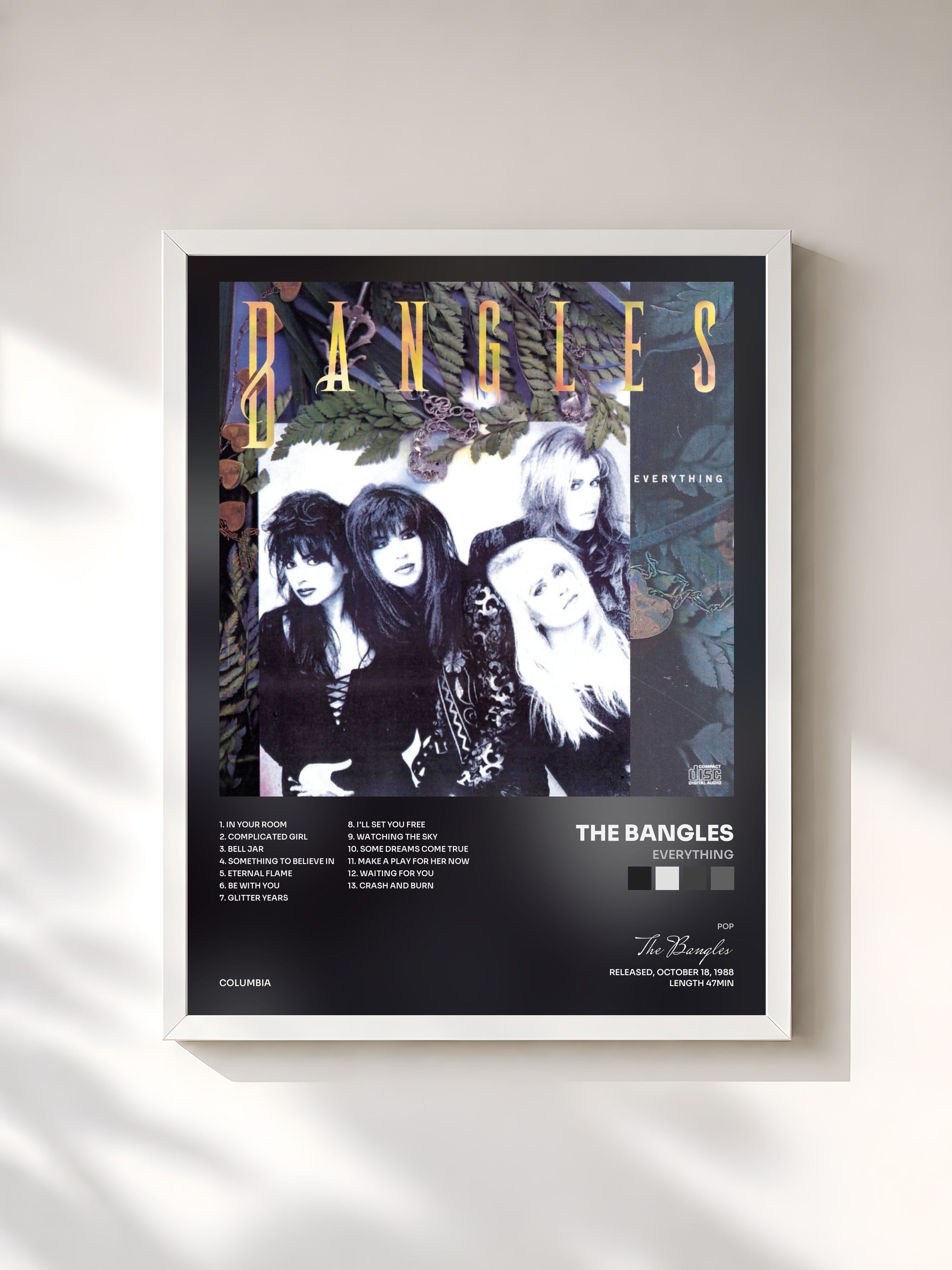 #blanc Tableau de l'album Everything de The Bangles, cadre blanc, imprimé et encadré en France