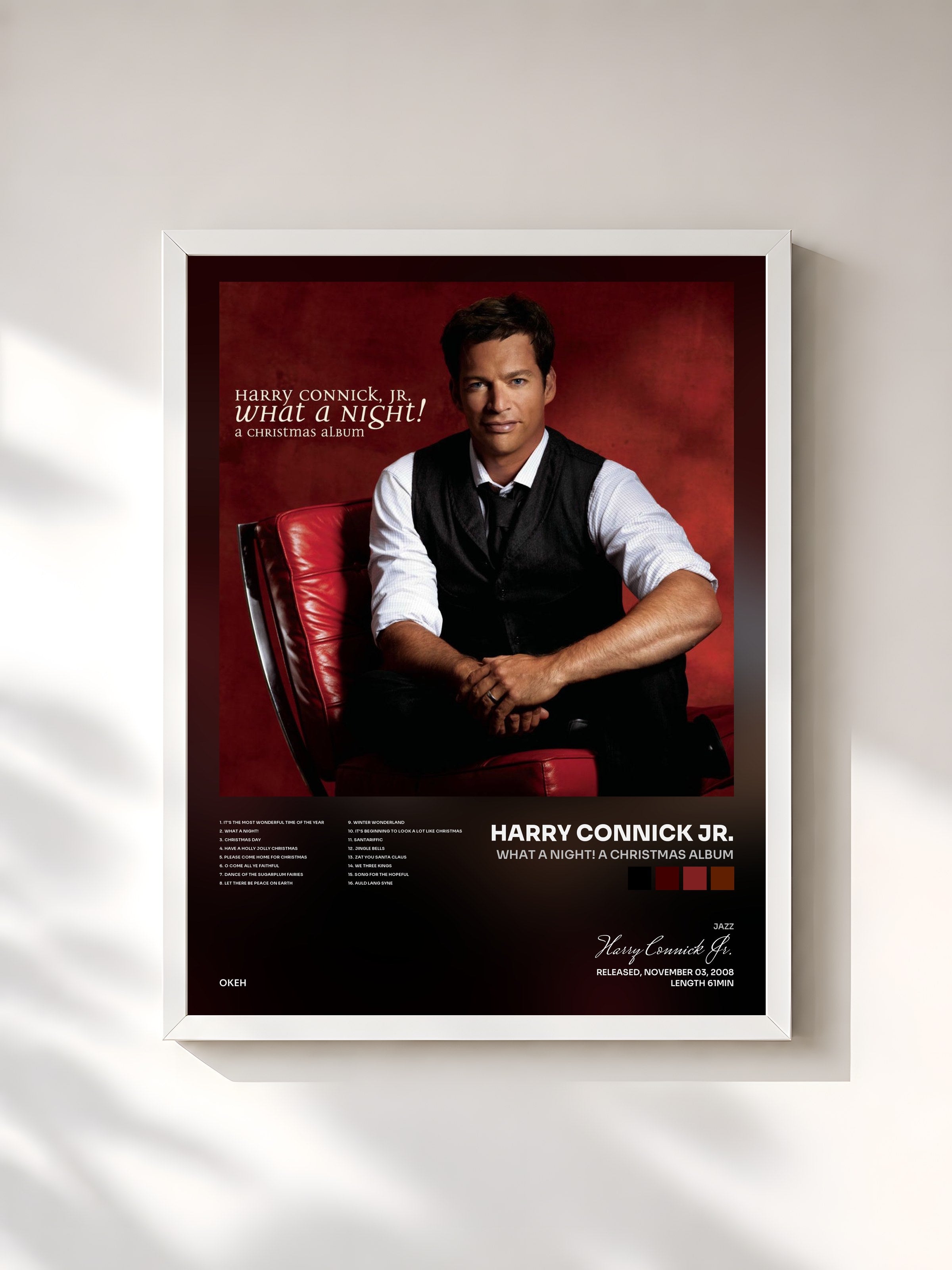 #blanc Tableau de l'album What A Night! A Christmas Album de Harry Connick Jr., cadre blanc, imprimé et encadré en France