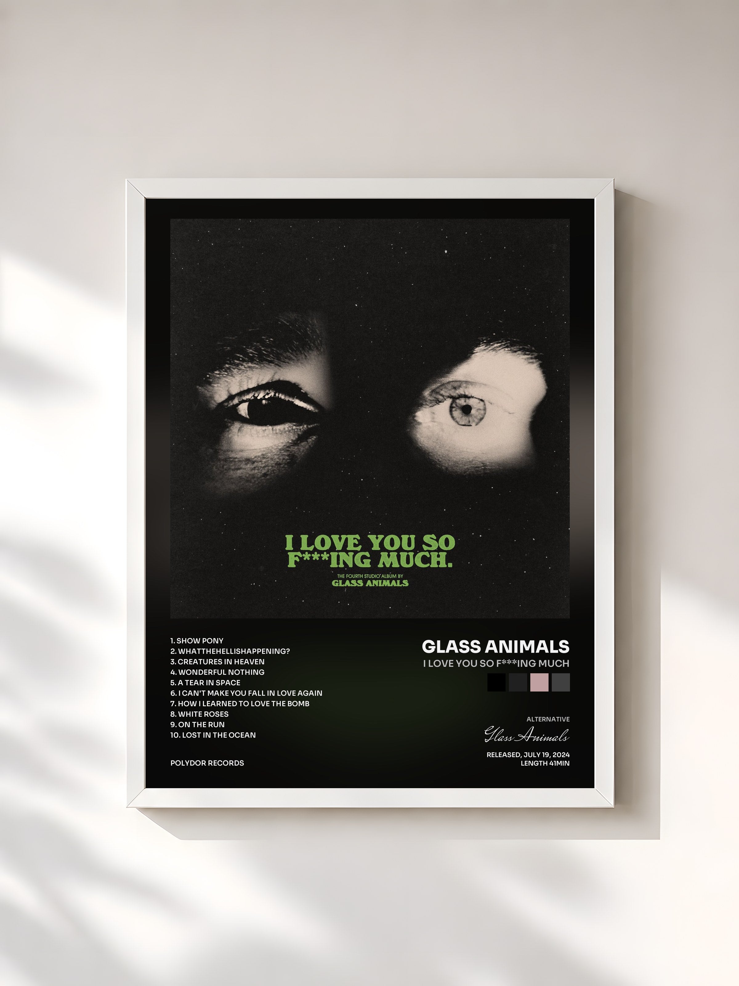 #blanc Tableau de l'album I Love You So F***ing Much de Glass Animals, cadre blanc, imprimé et encadré en France