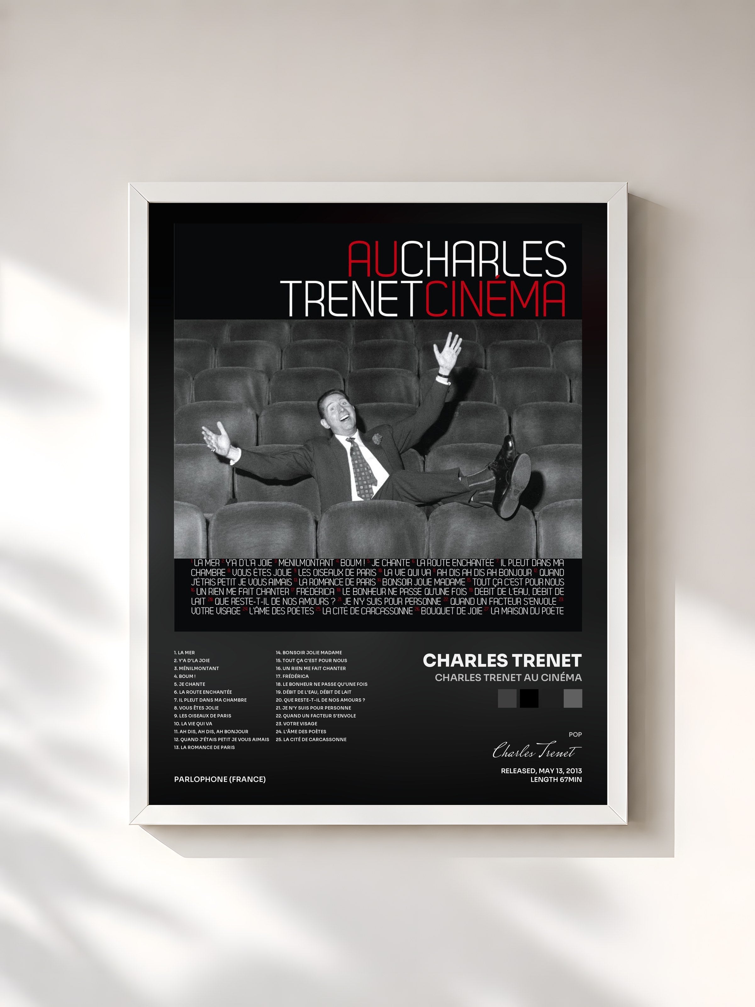 #blanc Tableau de l'album Charles Trenet au Cinéma de Charles Trenet, cadre blanc, imprimé et encadré en France