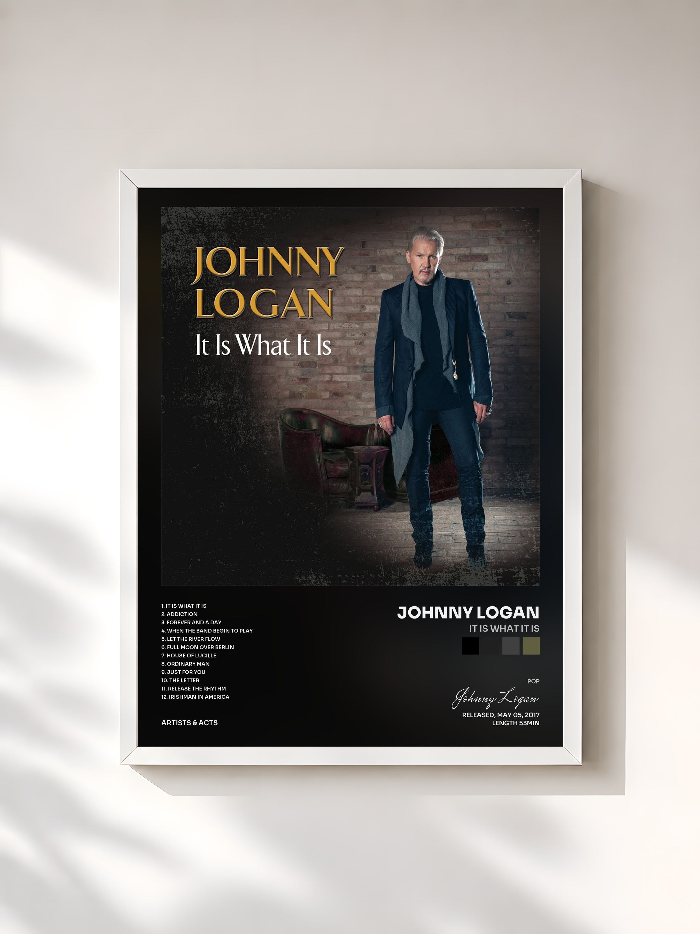 #blanc Tableau de l'album It Is What It Is de Johnny Logan, cadre blanc, imprimé et encadré en France