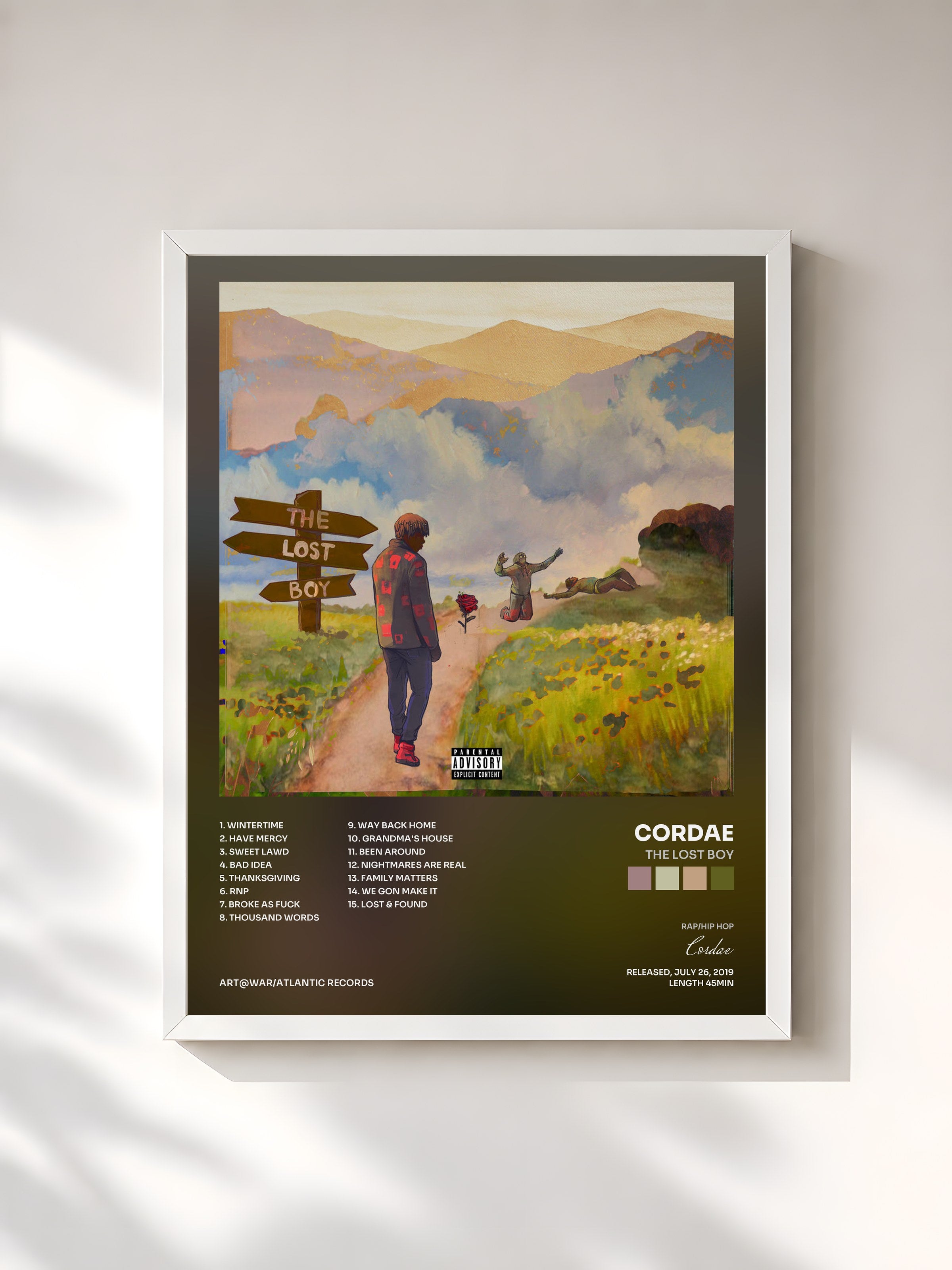#blanc Tableau de l'album The Lost Boy de Cordae, cadre blanc, imprimé et encadré en France