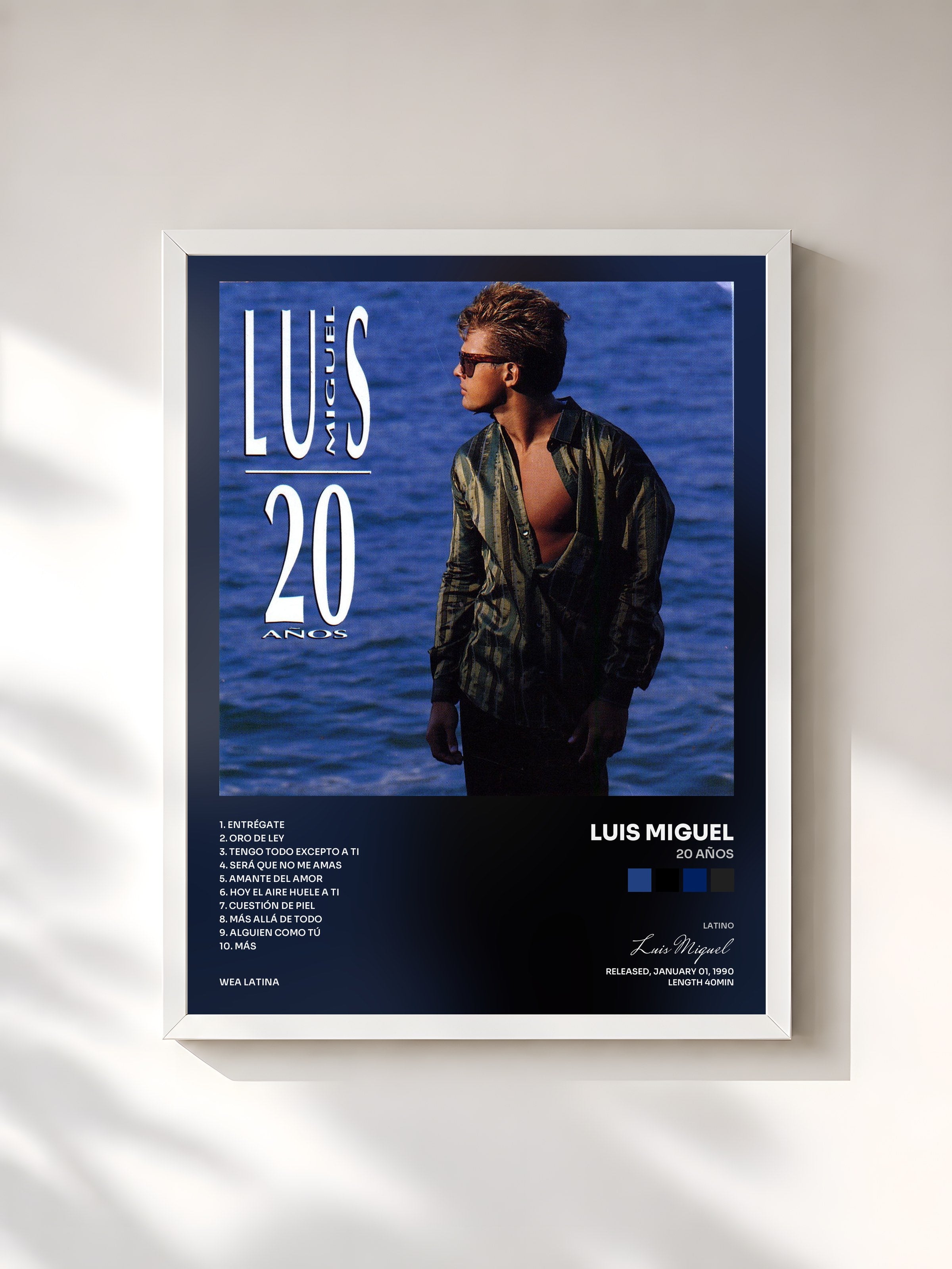 #blanc Tableau de l'album 20 Años de Luis Miguel, cadre blanc, imprimé et encadré en France