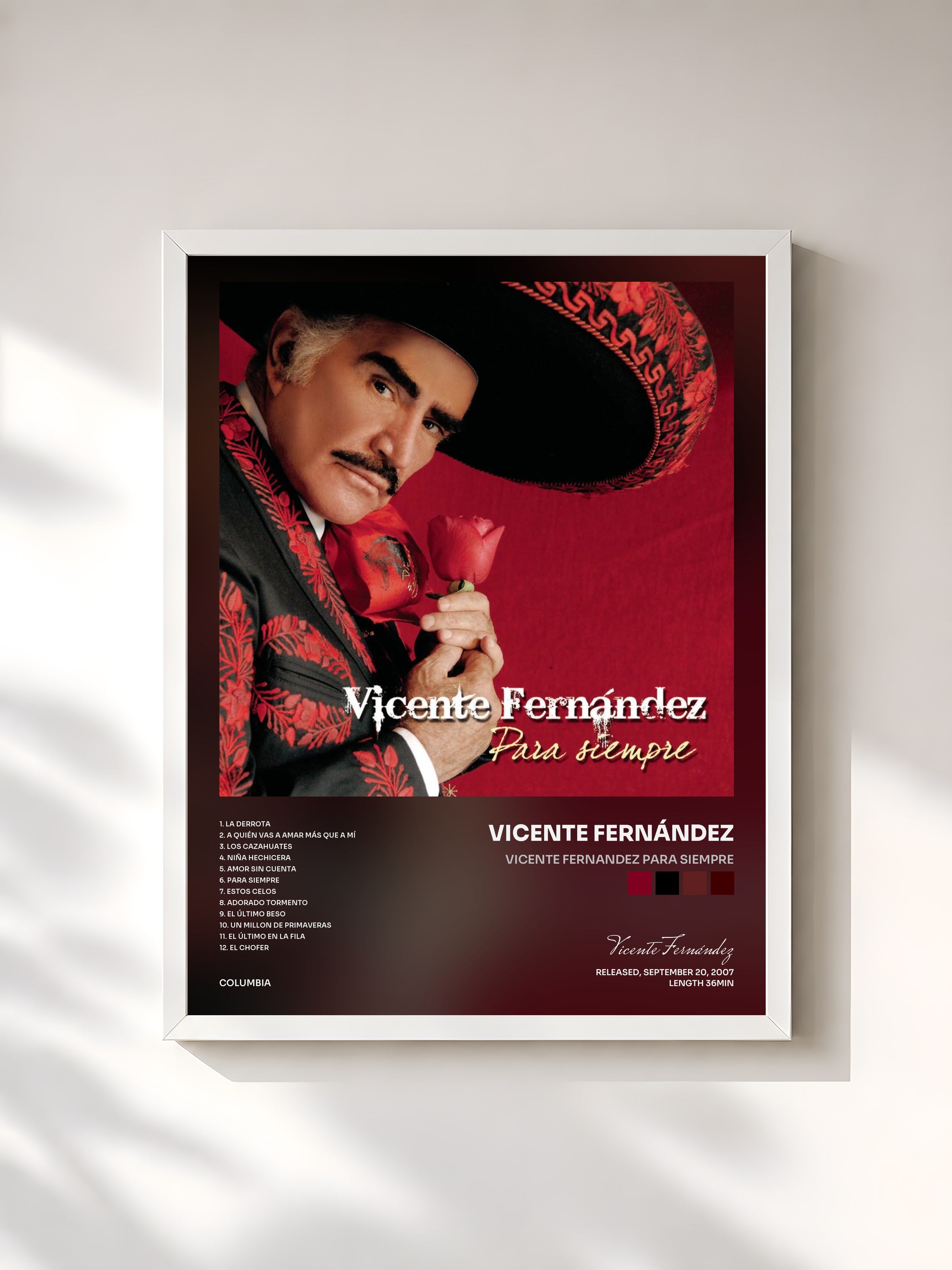 #blanc Tableau de l'album Vicente Fernandez Para Siempre de Vicente Fernández, cadre blanc, imprimé et encadré en France