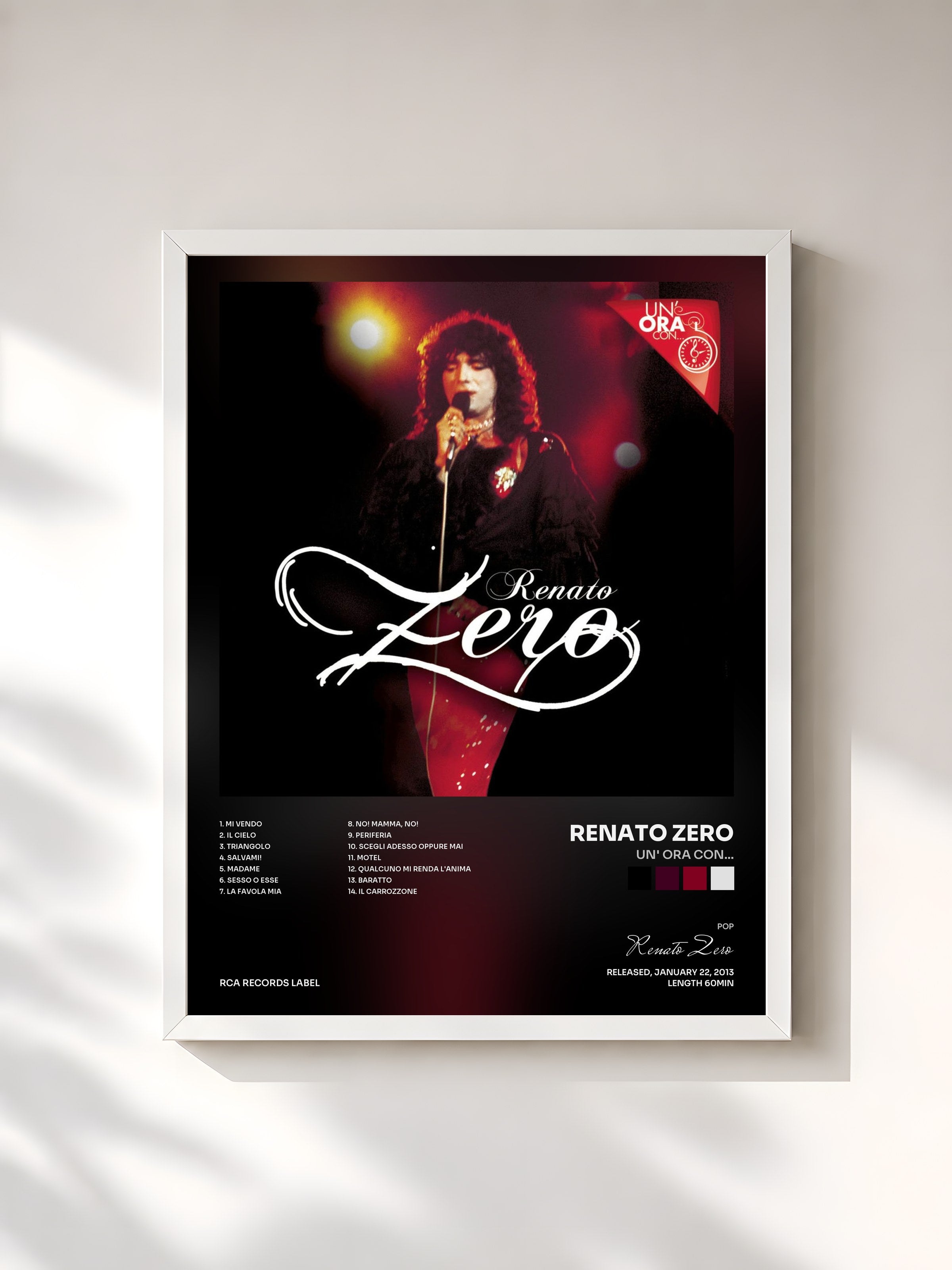 #blanc Tableau de l'album Un' ora con... de Renato Zero, cadre blanc, imprimé et encadré en France