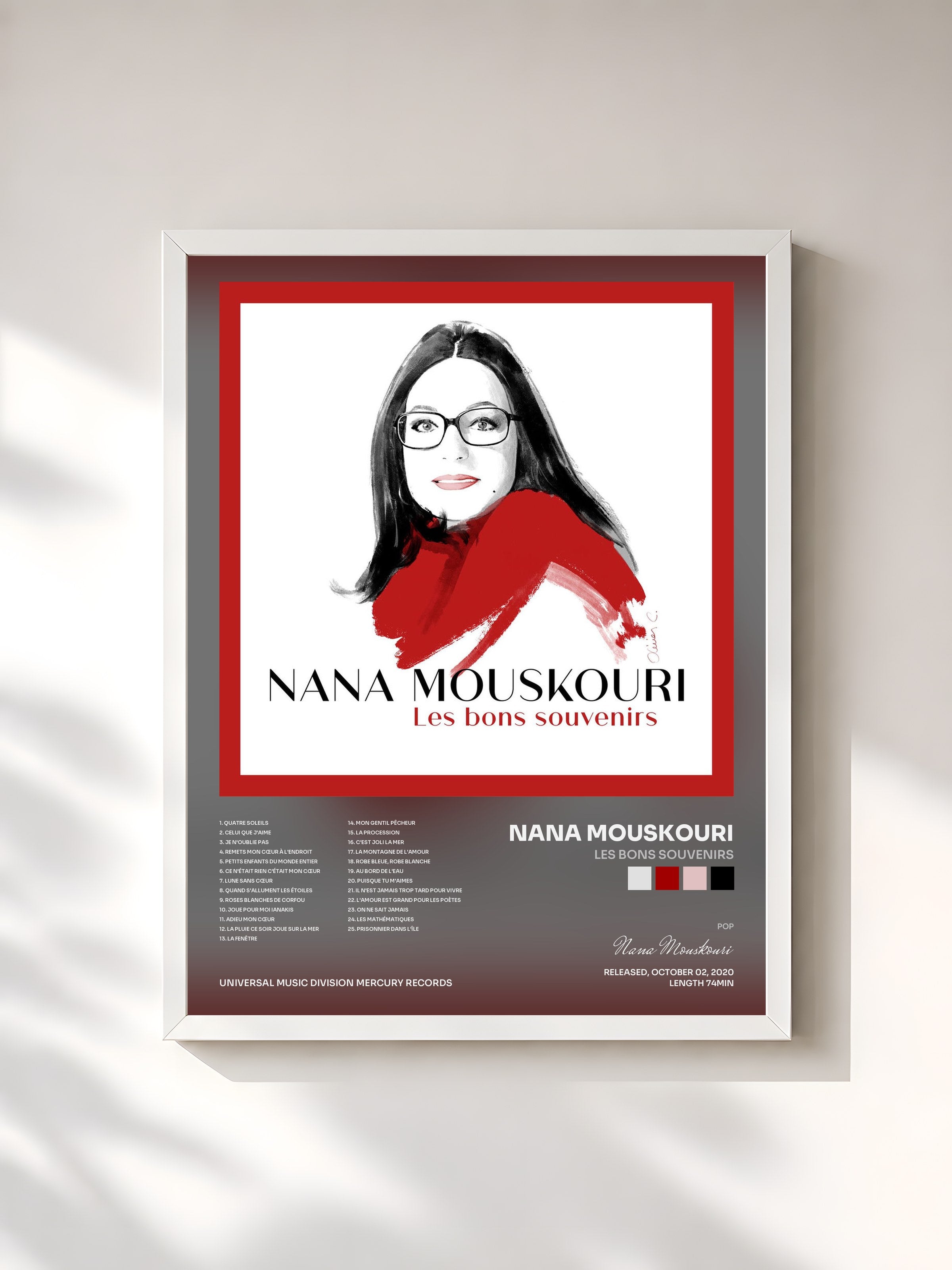 #blanc Tableau de l'album Les bons souvenirs de Nana Mouskouri, cadre blanc, imprimé et encadré en France
