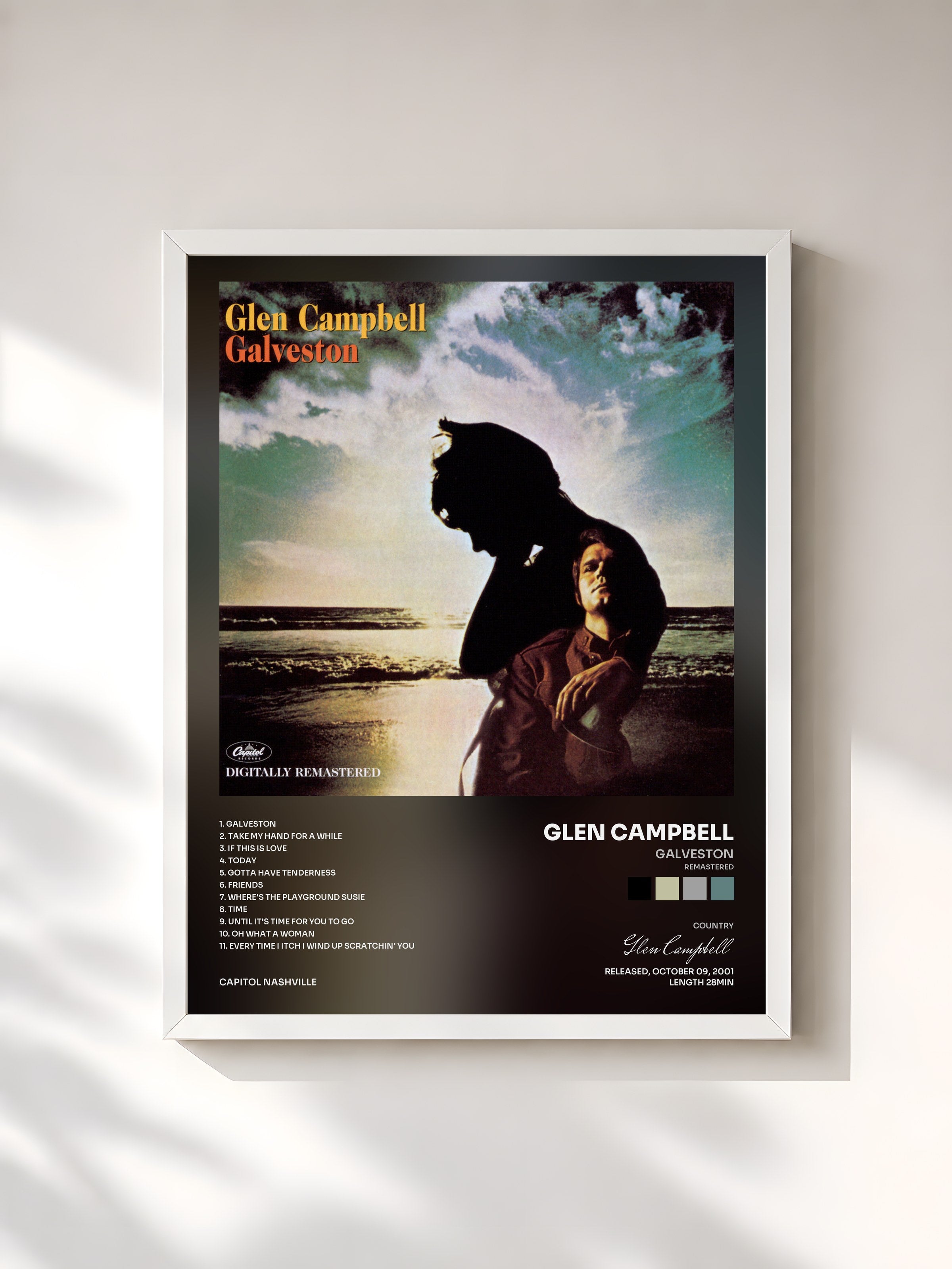 #blanc Tableau de l'album Galveston (Remastered) de Glen Campbell, cadre blanc, imprimé et encadré en France