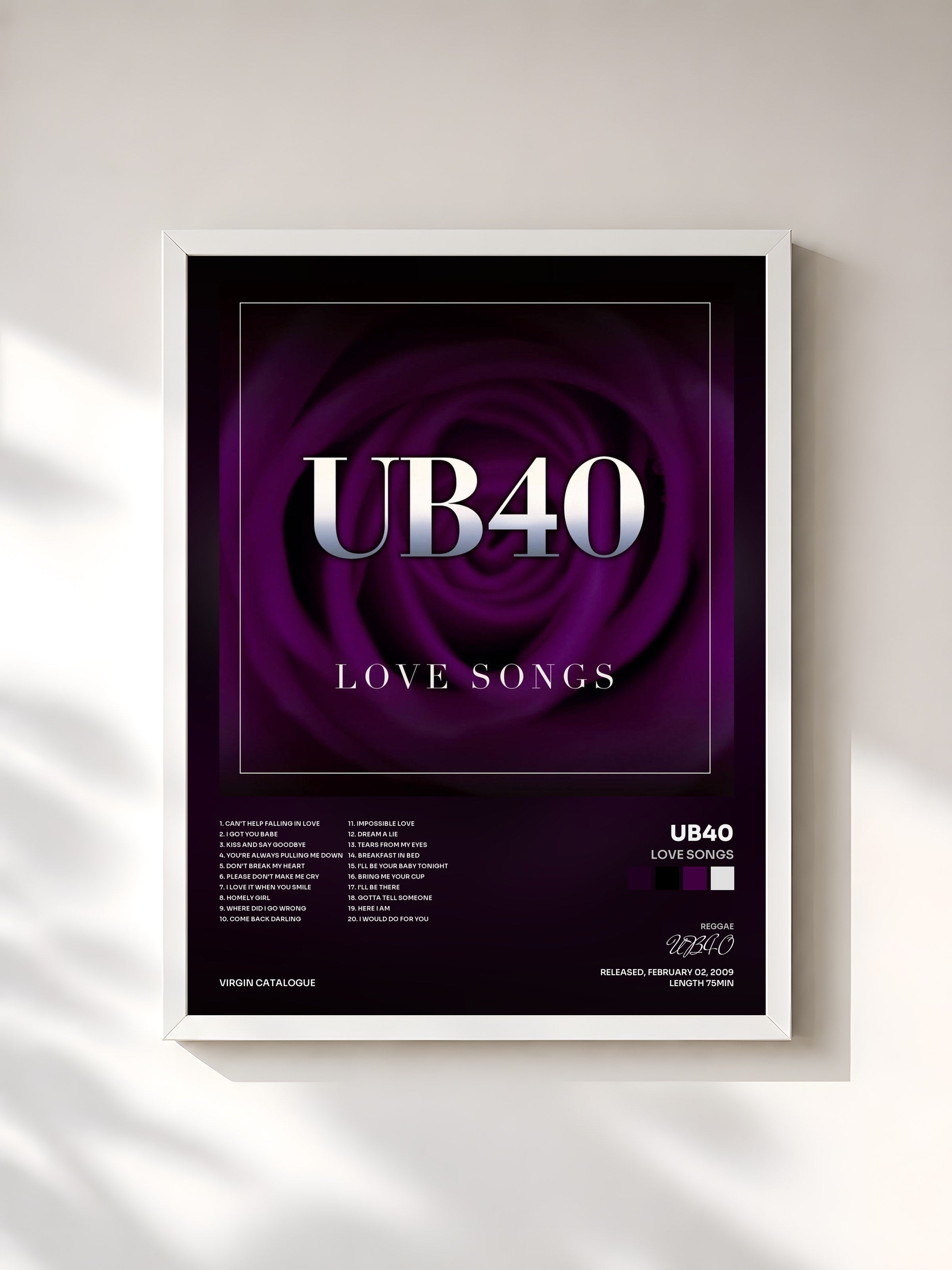 #blanc Tableau de l'album Love Songs de UB40, cadre blanc, imprimé et encadré en France