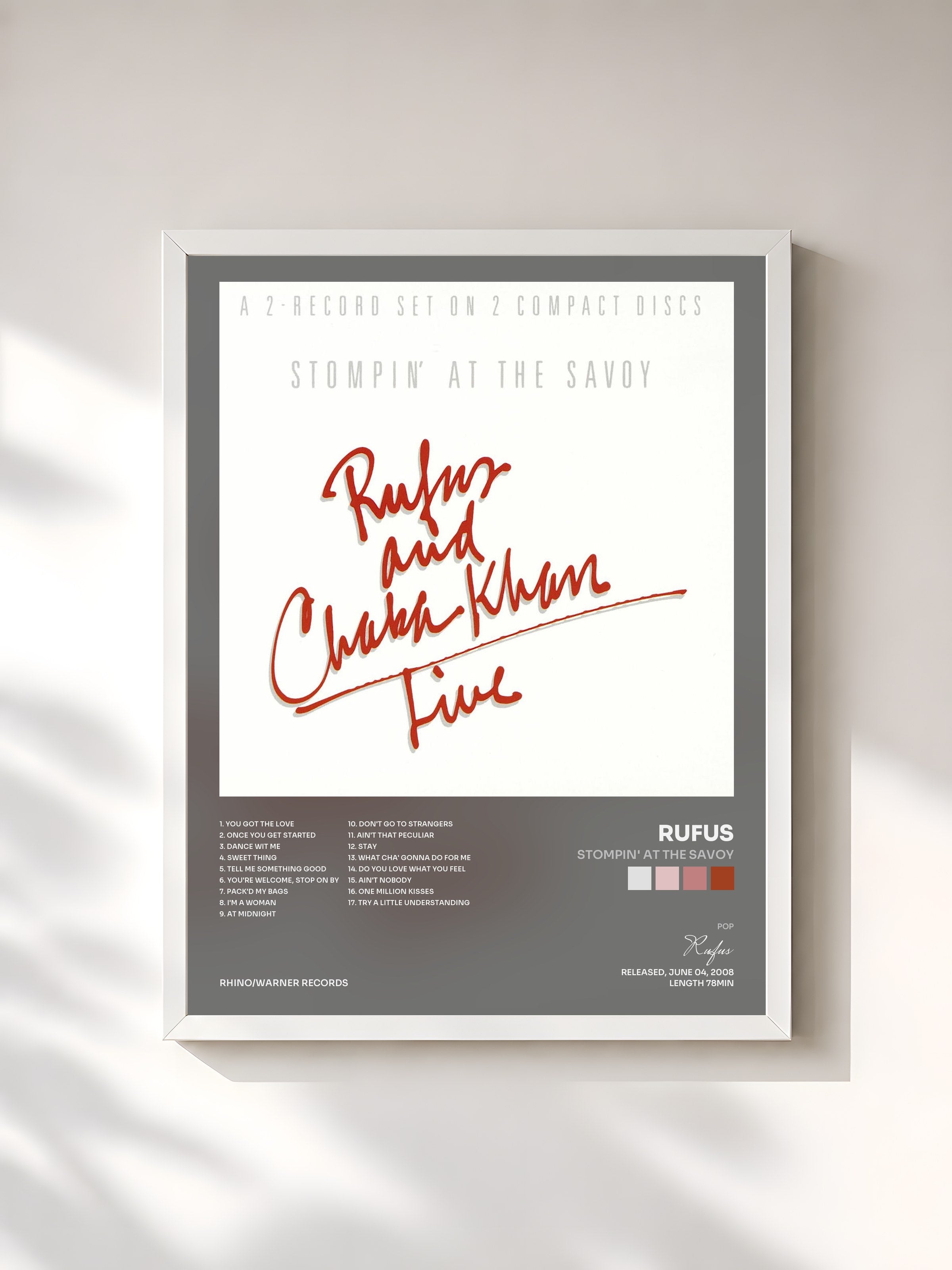#blanc Tableau de l'album Stompin' At The Savoy de Rufus, cadre blanc, imprimé et encadré en France