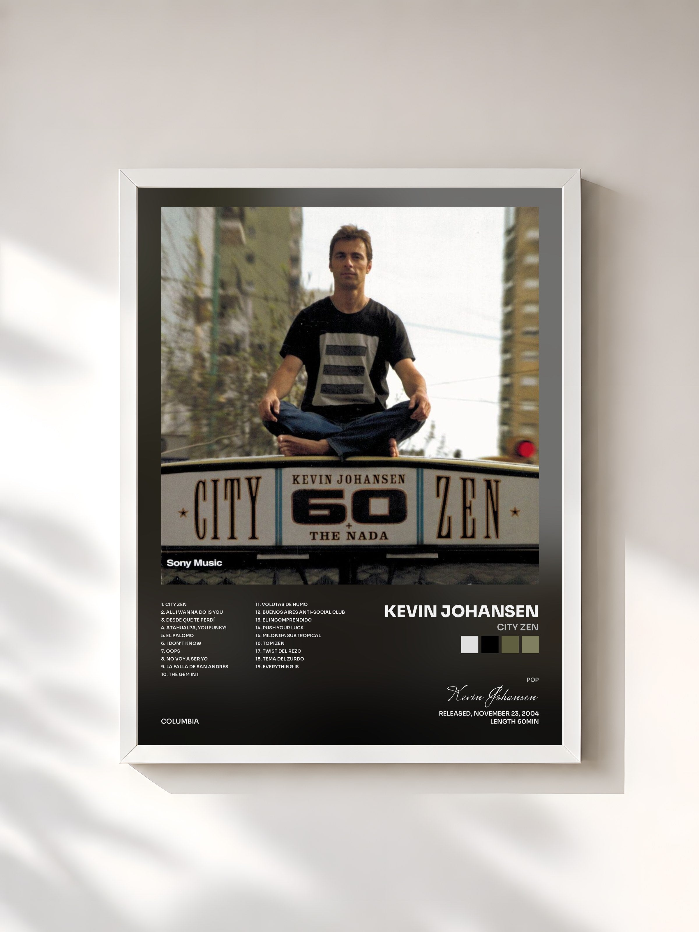 #blanc Tableau de l'album City Zen de Kevin Johansen, cadre blanc, imprimé et encadré en France