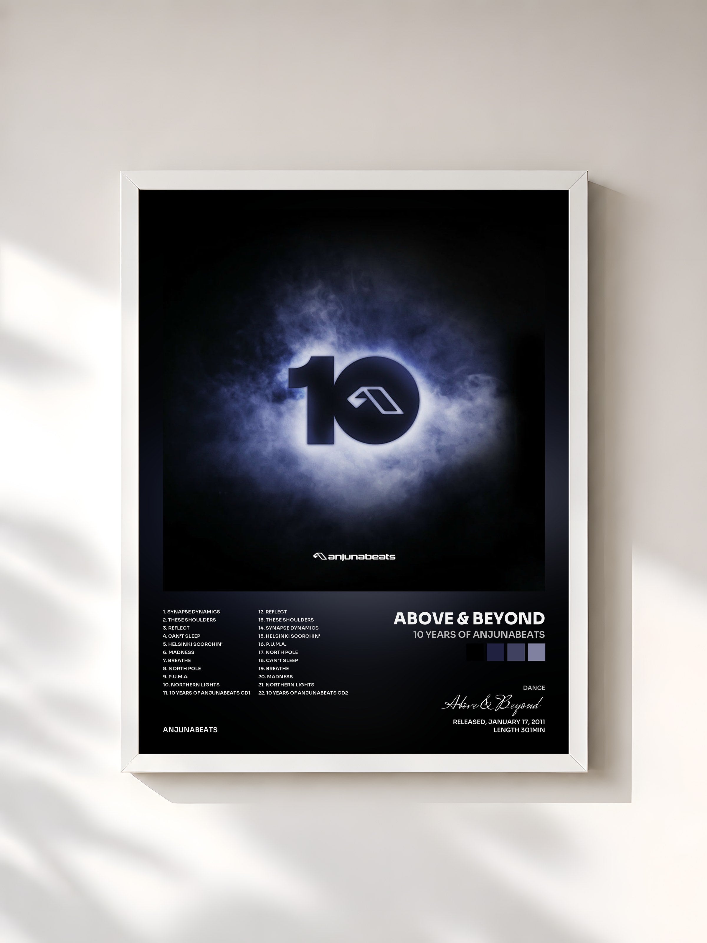 #blanc Tableau de l'album 10 Years Of Anjunabeats de Above & Beyond, cadre blanc, imprimé et encadré en France
