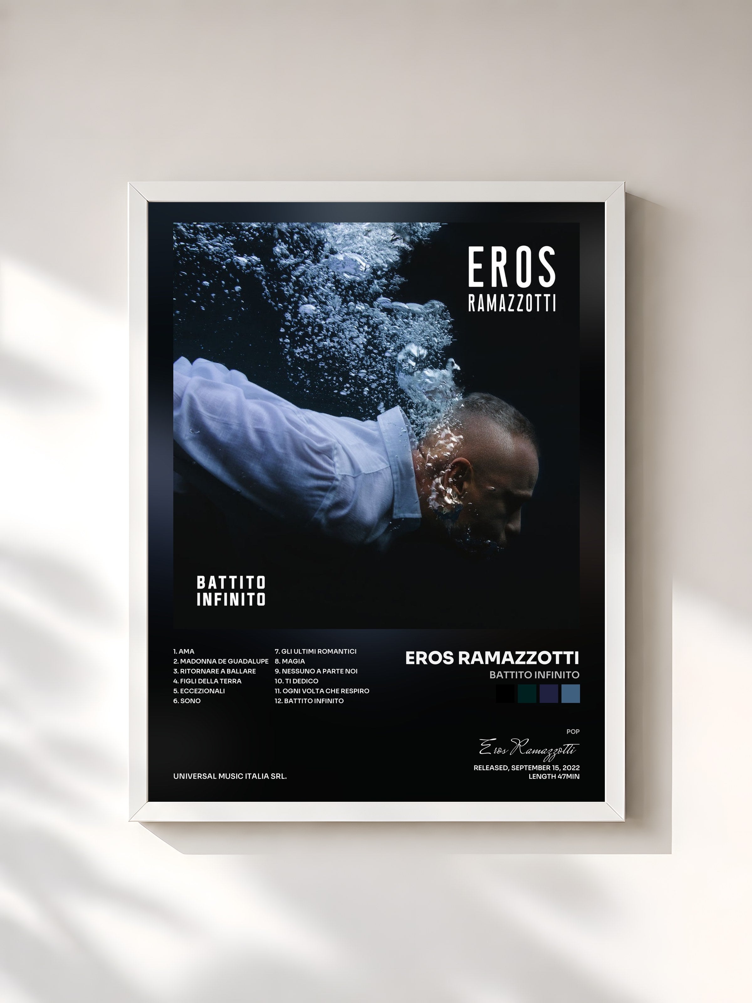 #blanc Tableau de l'album Battito Infinito de Eros Ramazzotti, cadre blanc, imprimé et encadré en France