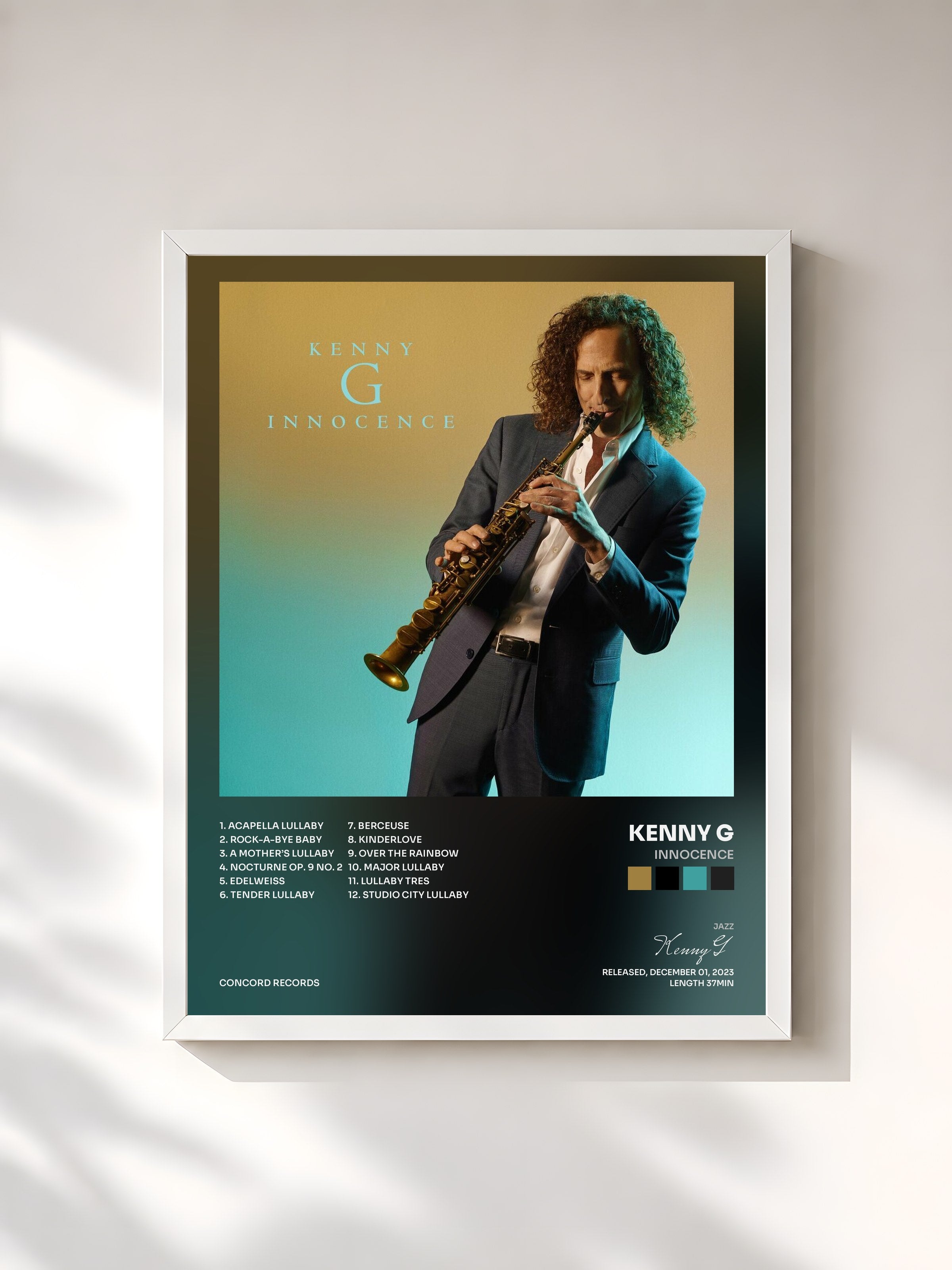 #blanc Tableau de l'album Innocence de Kenny G, cadre blanc, imprimé et encadré en France