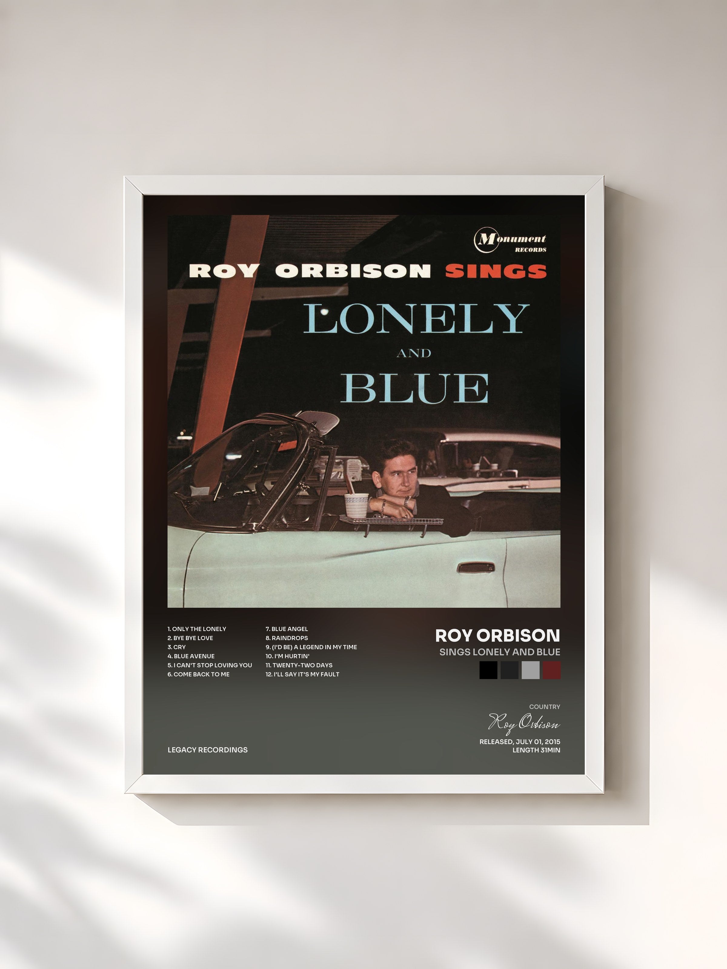 #blanc Tableau de l'album Sings Lonely and Blue de Roy Orbison, cadre blanc, imprimé et encadré en France