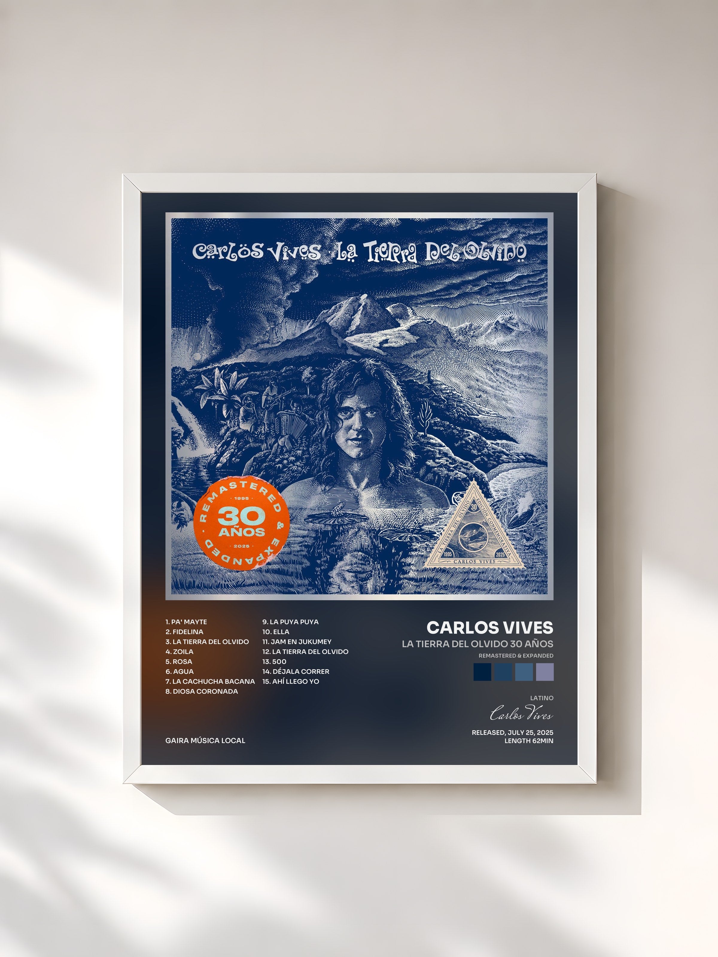 #blanc Tableau de l'album La Tierra del Olvido 30 Años (Remastered & Expanded) de Carlos Vives, cadre blanc, imprimé et encadré en France