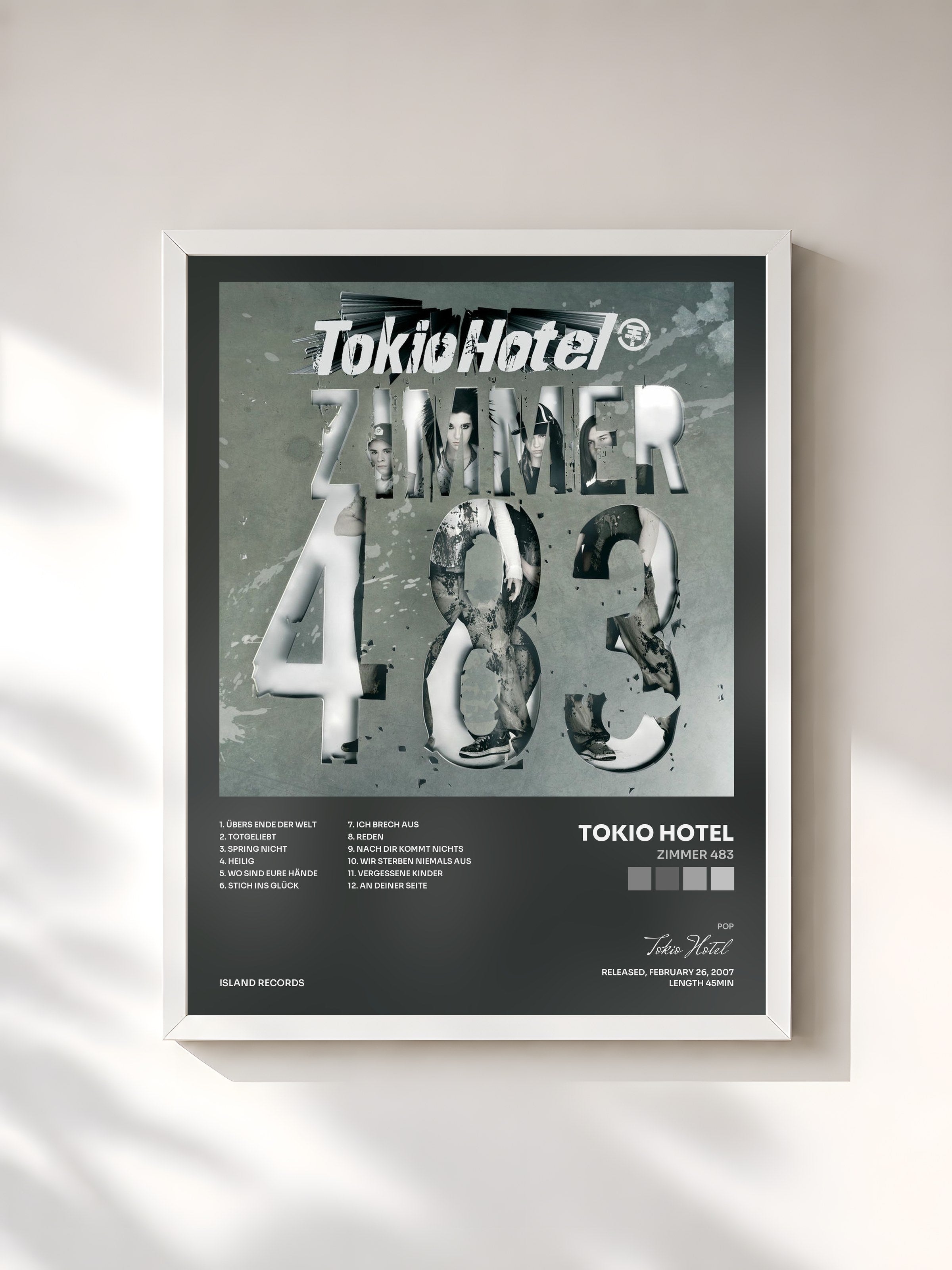 #blanc Tableau de l'album Zimmer 483 de Tokio Hotel, cadre blanc, imprimé et encadré en France