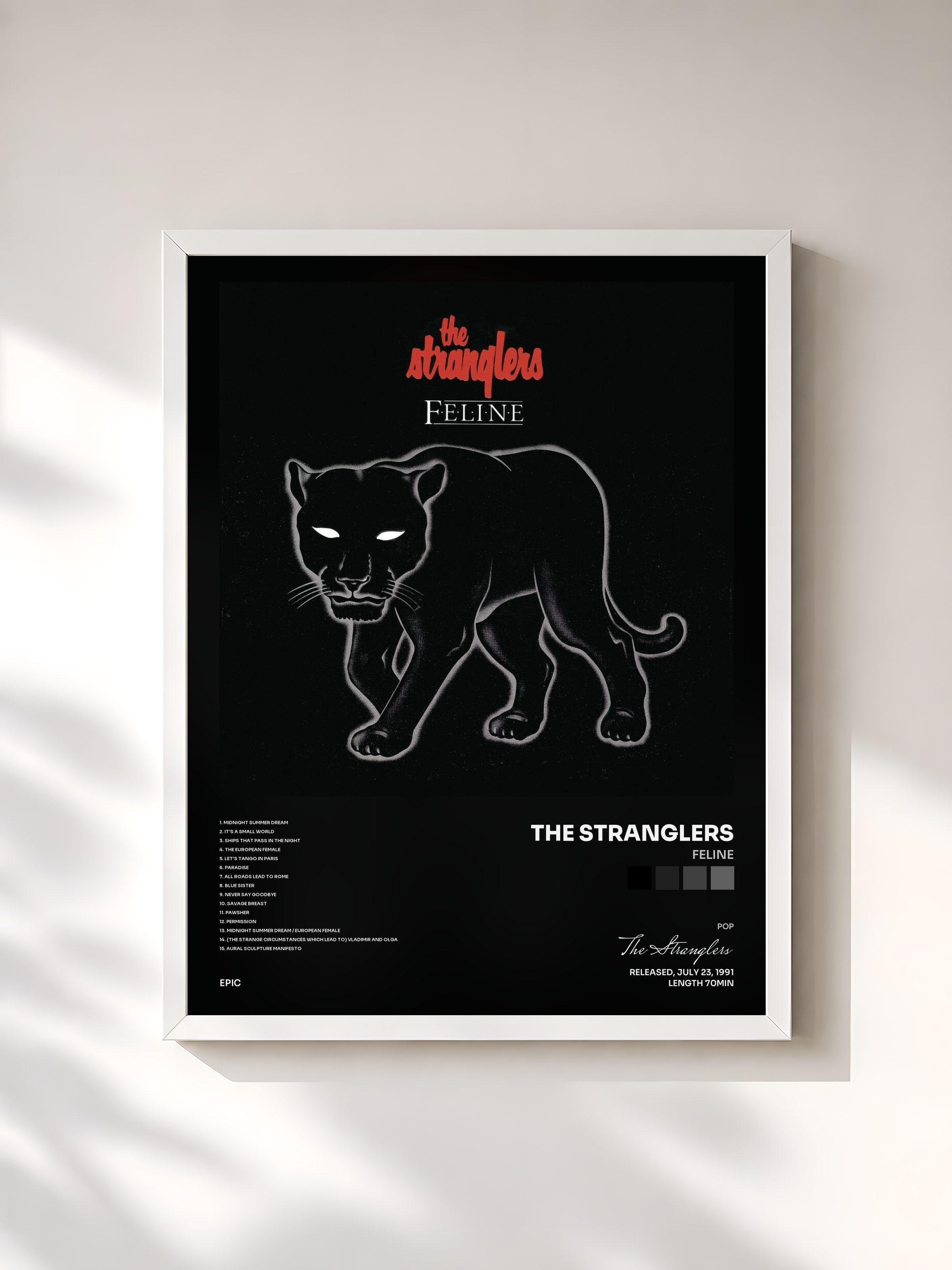 #blanc Tableau de l'album Feline de The Stranglers, cadre blanc, imprimé et encadré en France
