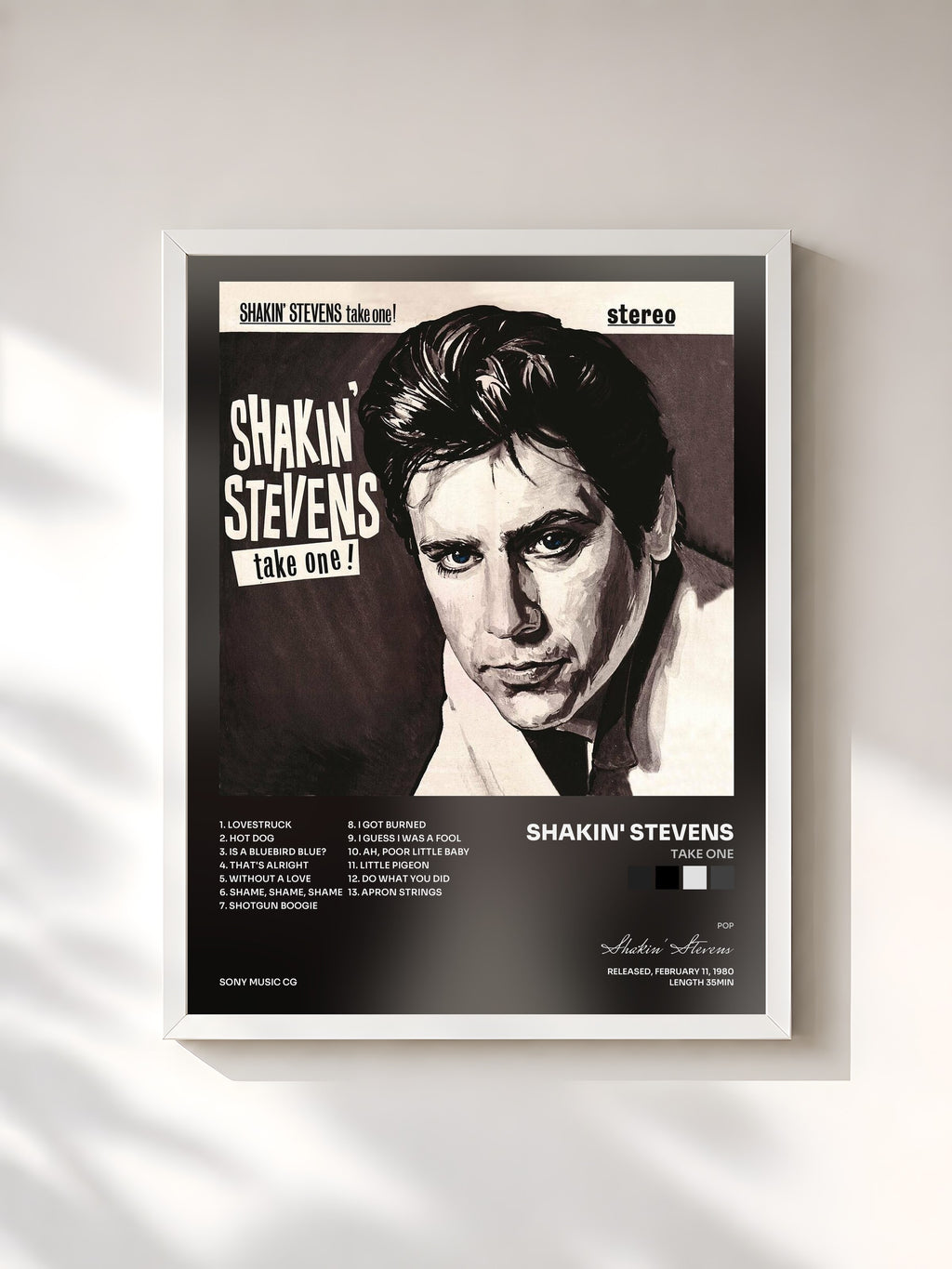 #blanc Tableau de l'album Take One de Shakin' Stevens, cadre blanc, imprimé et encadré en France