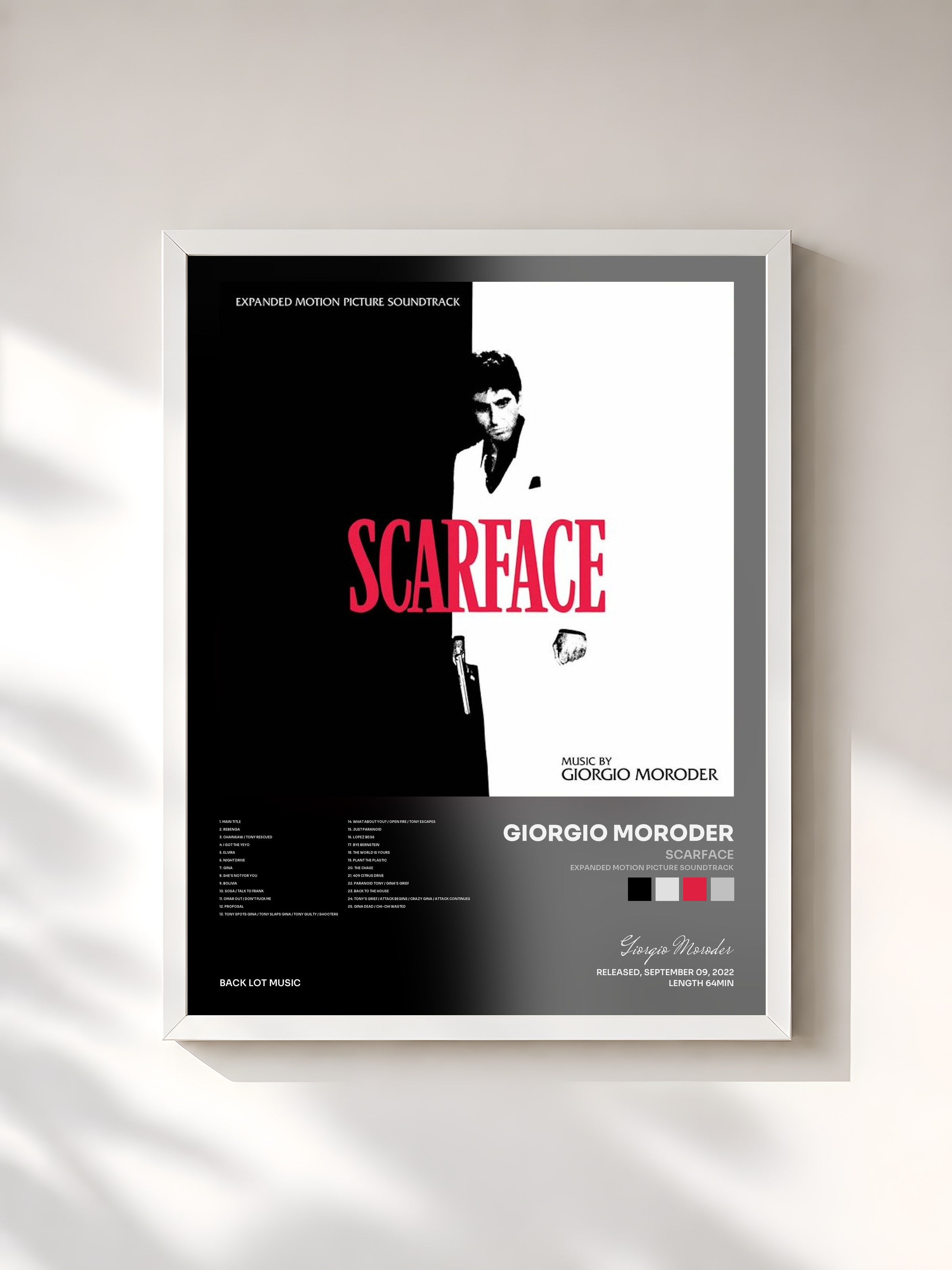 #blanc Tableau de l'album Scarface (Expanded Motion Picture Soundtrack) de Giorgio Moroder, cadre blanc, imprimé et encadré en France